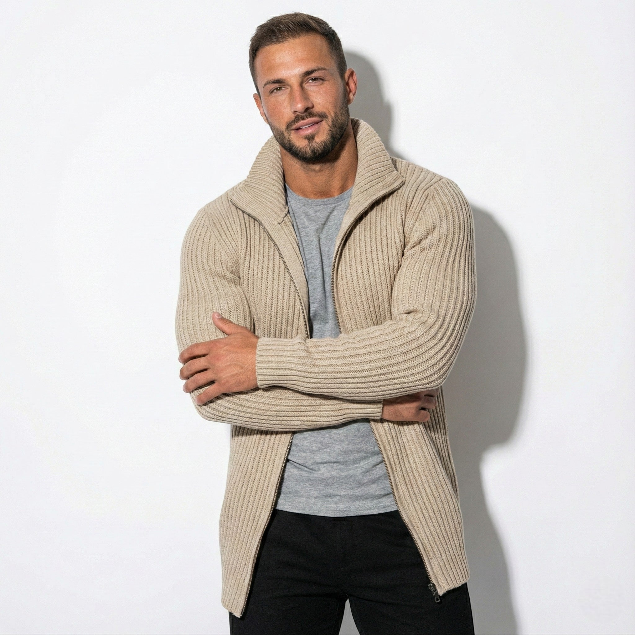 Men's Slim Fit Knit Cardigan with Zipper Closure and Stand Collar