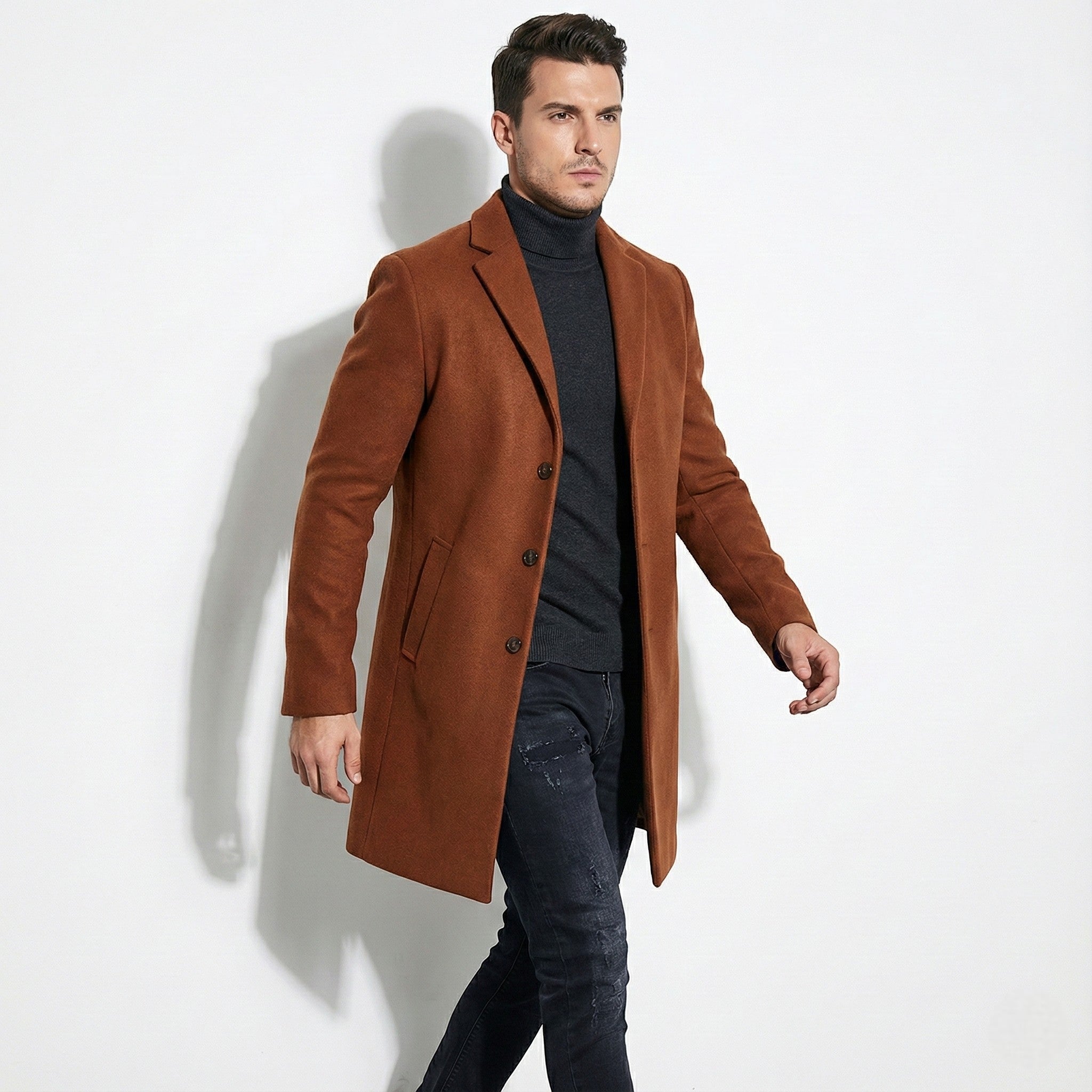 Men's Mid-Length Overcoat with Notch Lapel