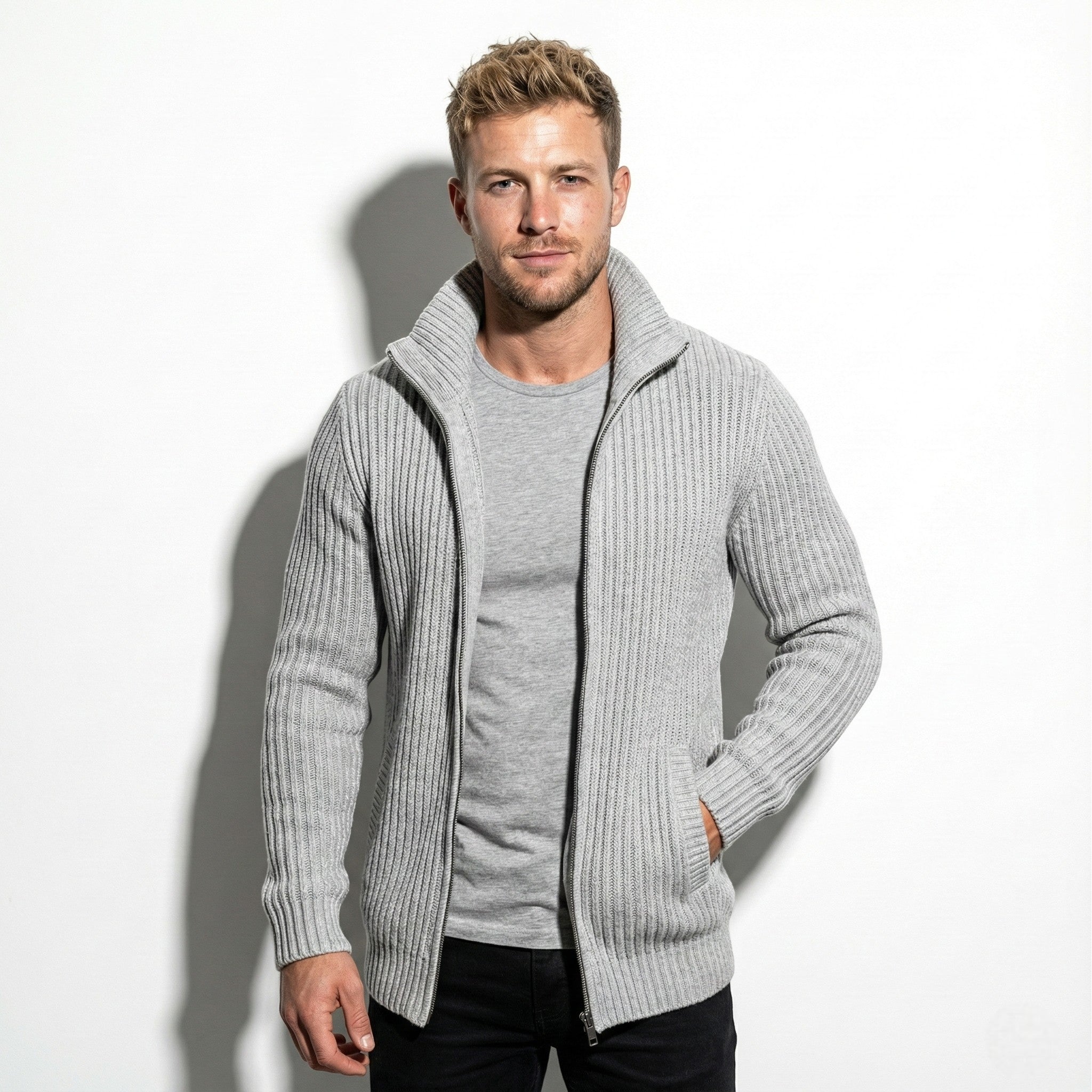 Men's Slim Fit Knit Cardigan with Zipper Closure and Stand Collar