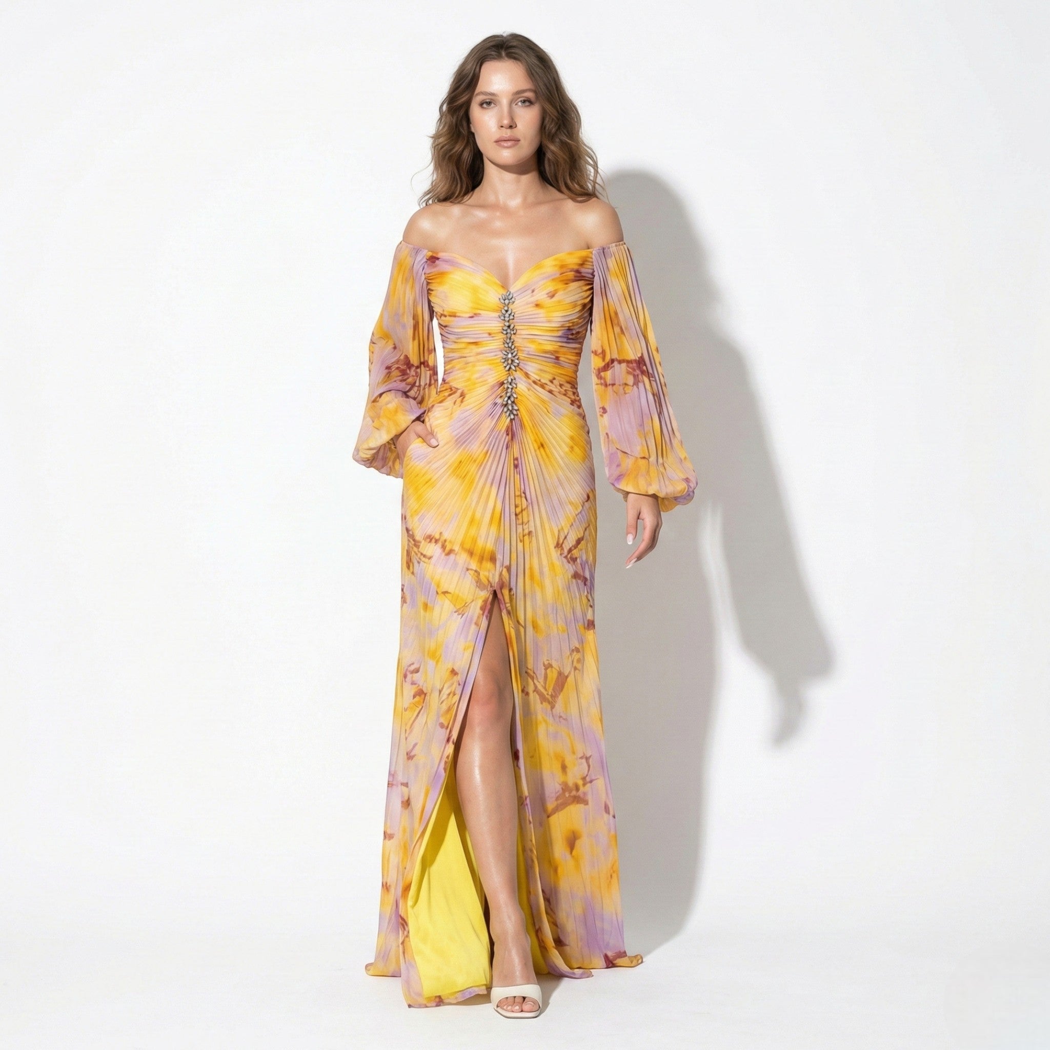 Clara - Women's Maxi Dress with Off Shoulder Pleats