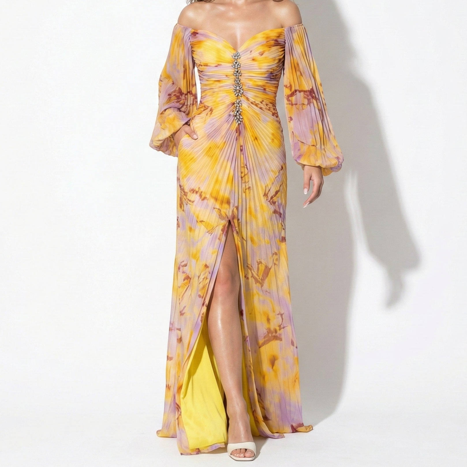 Clara - Women's Maxi Dress with Off Shoulder Pleats