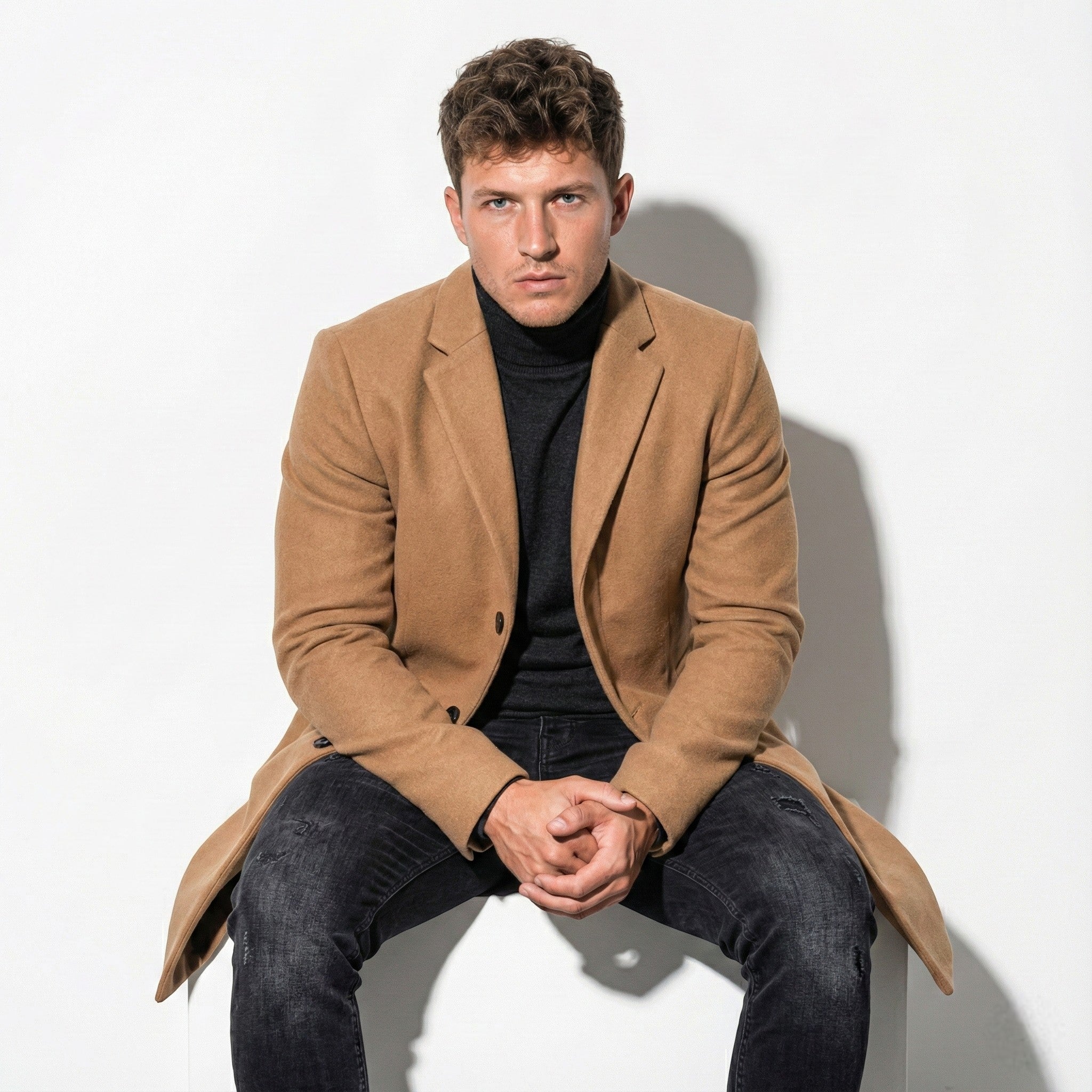 Men's Mid-Length Overcoat with Notch Lapel