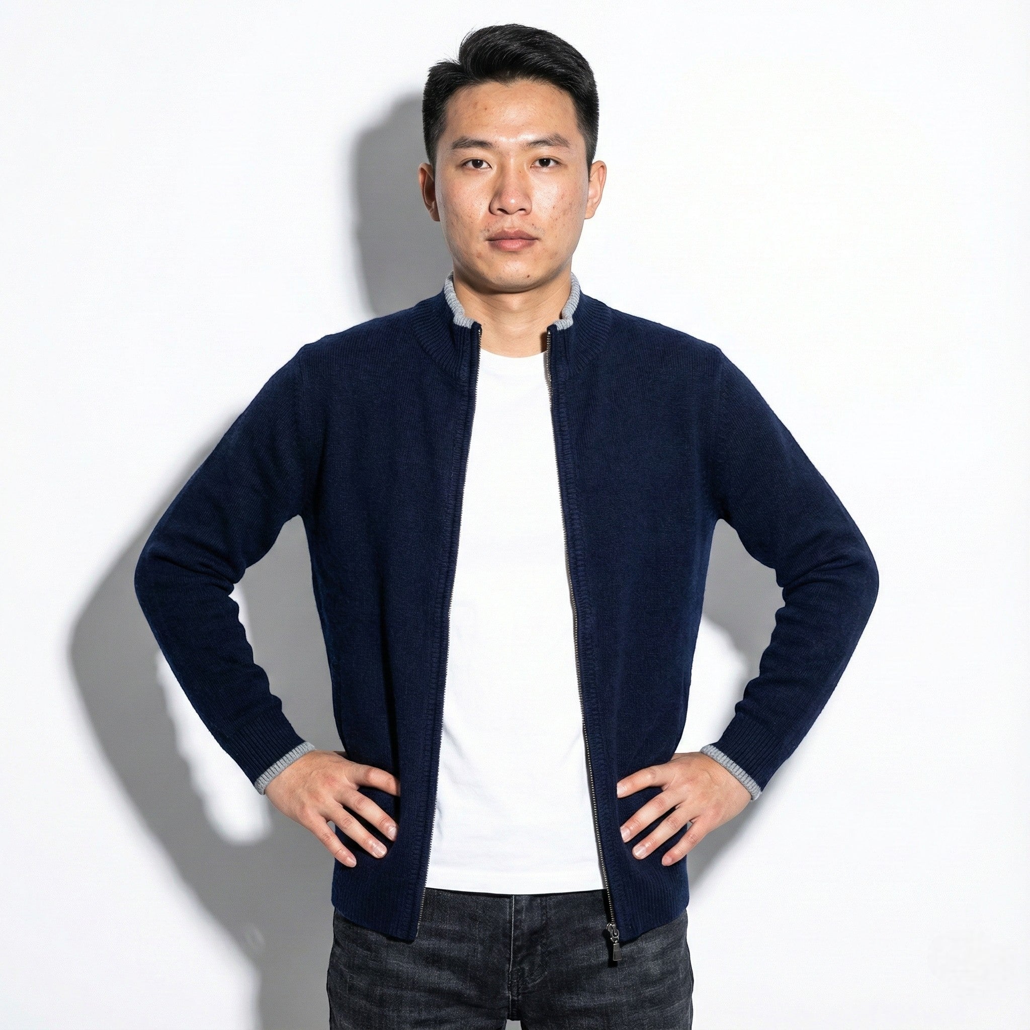 Men's Zip-Up Cardigan with Ribbed Collar and Soft Knit Texture