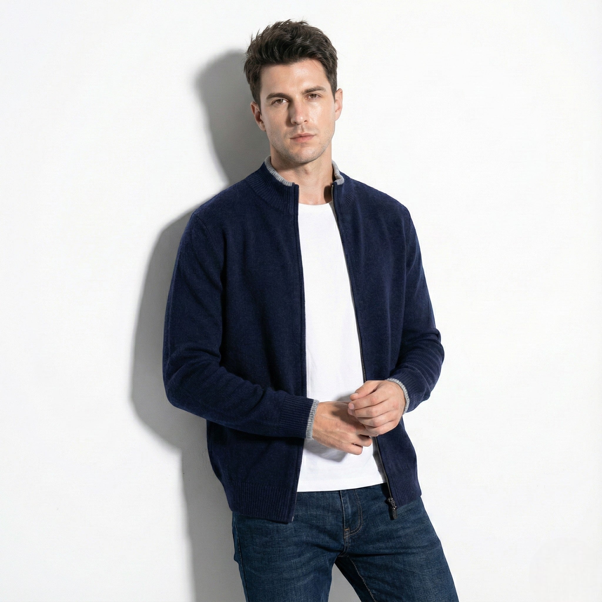 Men's Knitted Zip-Up Cardigan with Stand Collar and Ribbed Hems