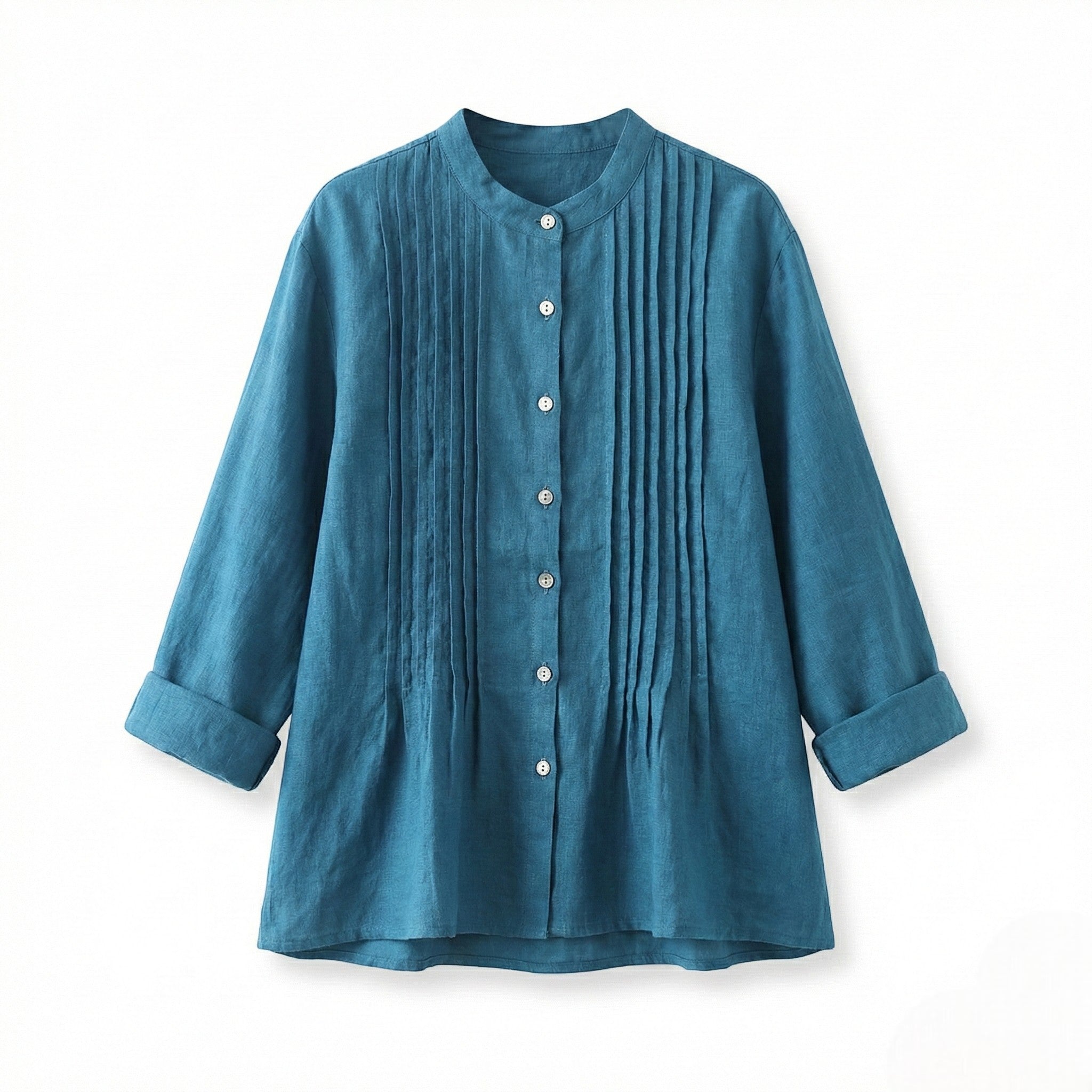 Florence - Women's Long Sleeve Pleated Blouse with Stand Collar