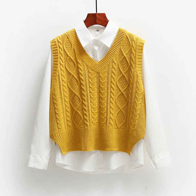 Women's V-Neck Sweater Vest with Cable Knit