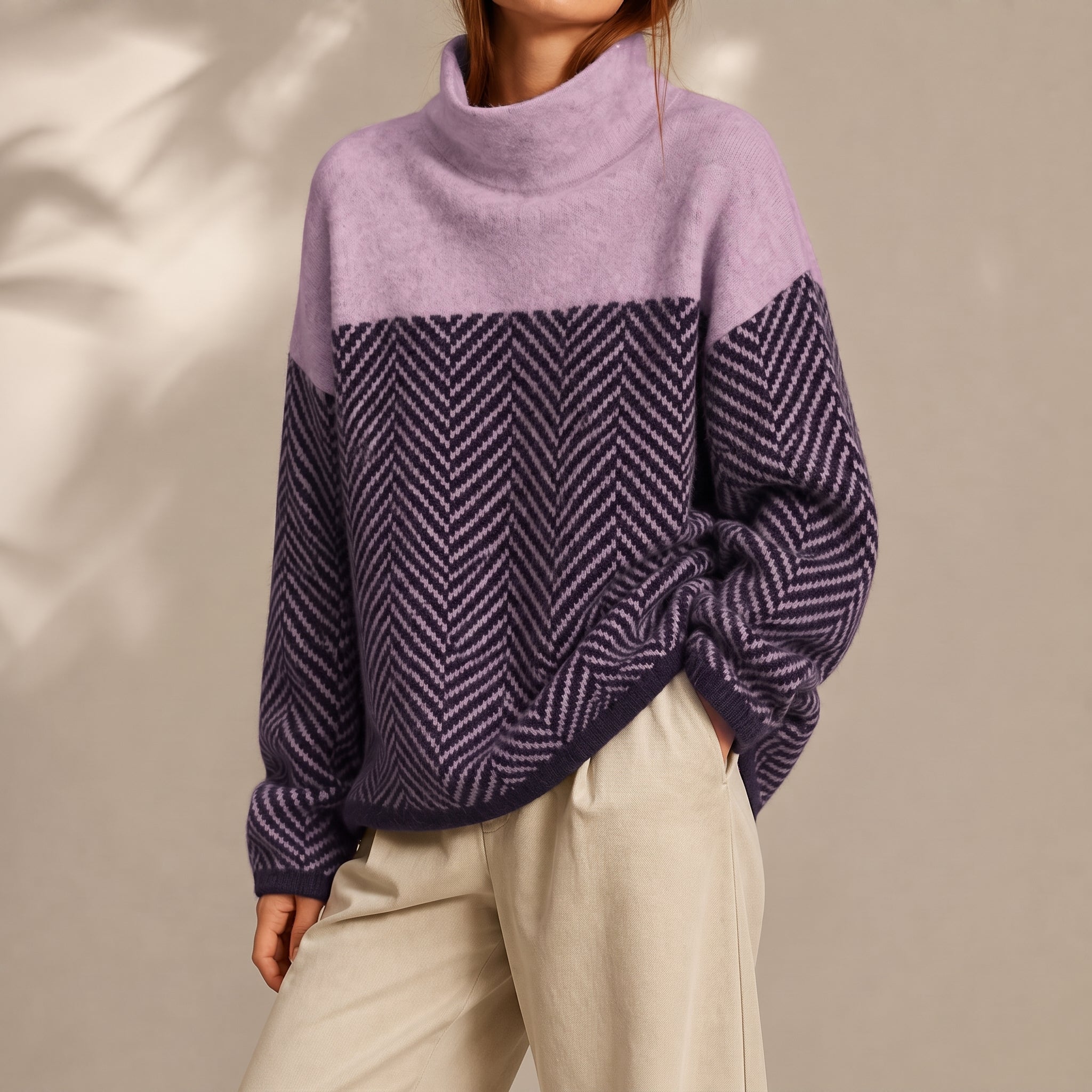 Grace - Women's Chevron Turtleneck Sweater with Color-Block Design
