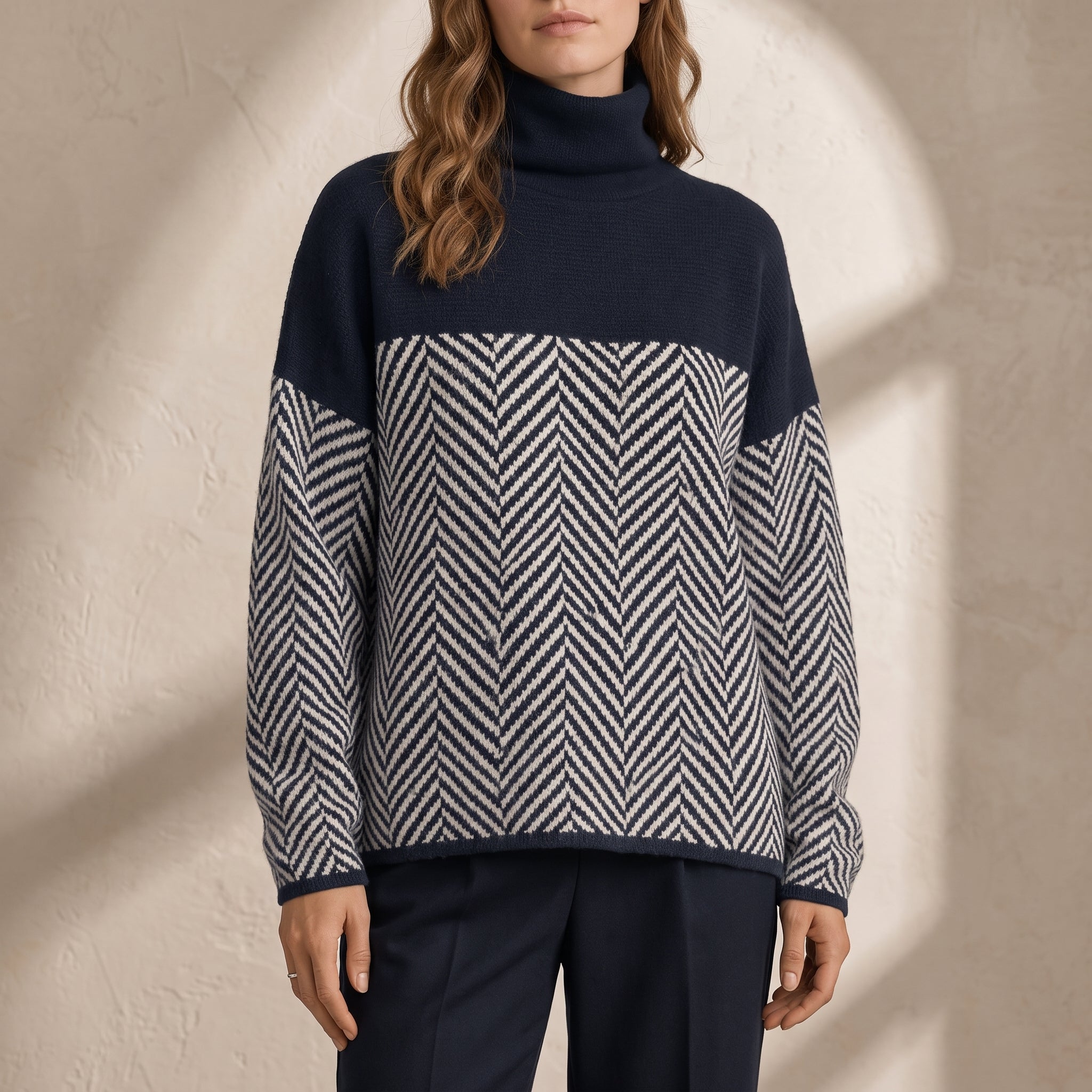 Grace - Women's Chevron Turtleneck Sweater with Color-Block Design