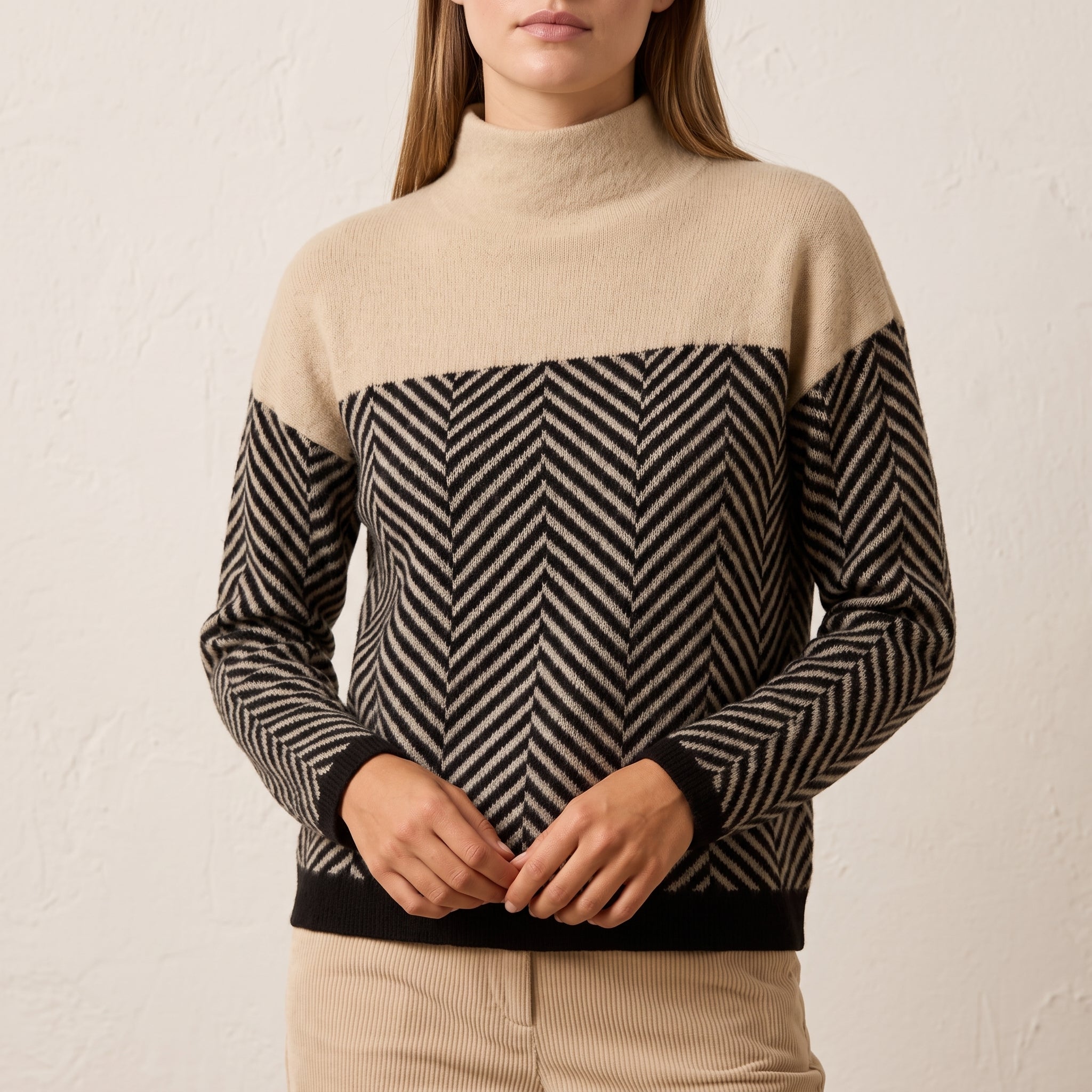 Grace - Women's Chevron Turtleneck Sweater with Color-Block Design