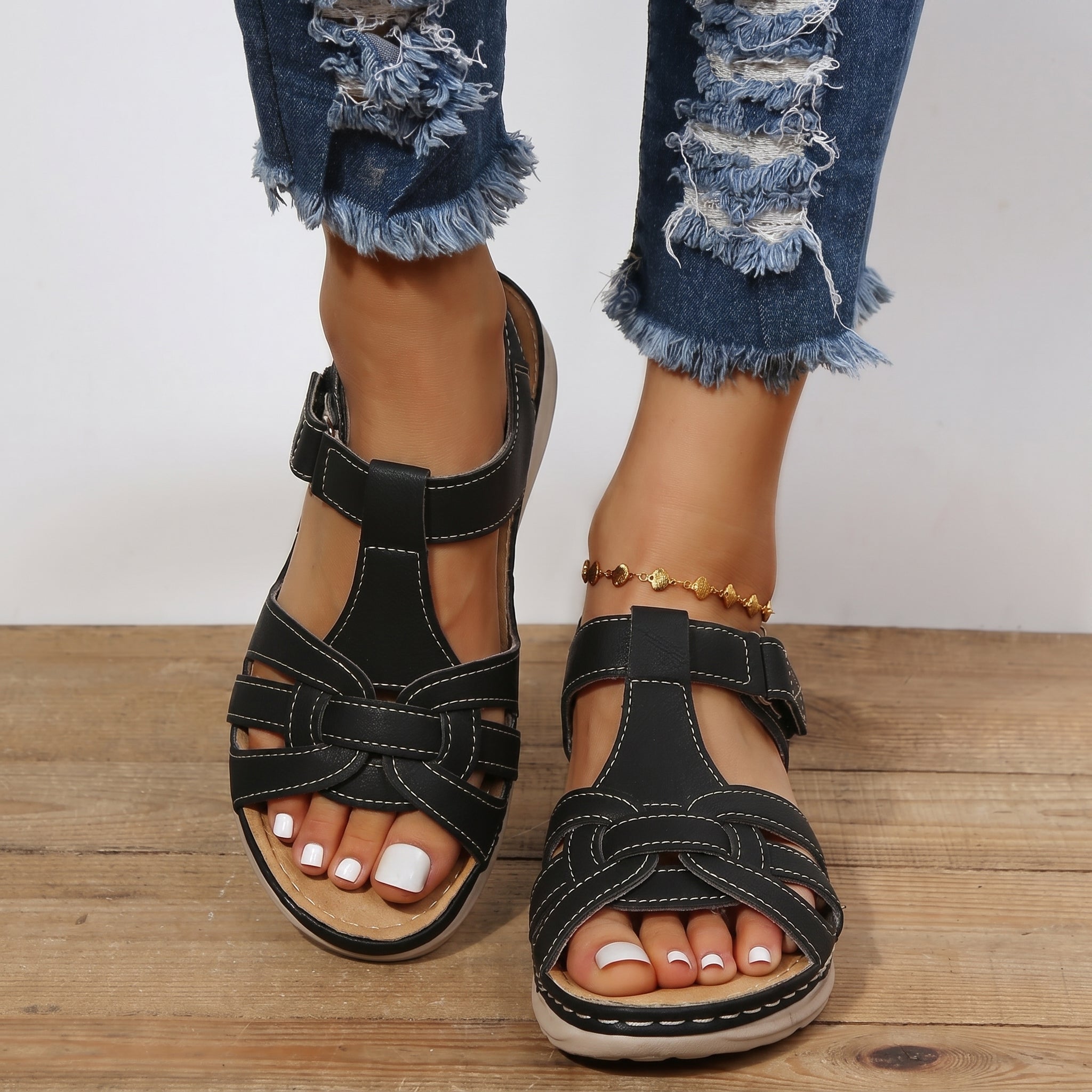 Helen - Women's Orthopedic Velcro Cut-Out Wedge Sandals