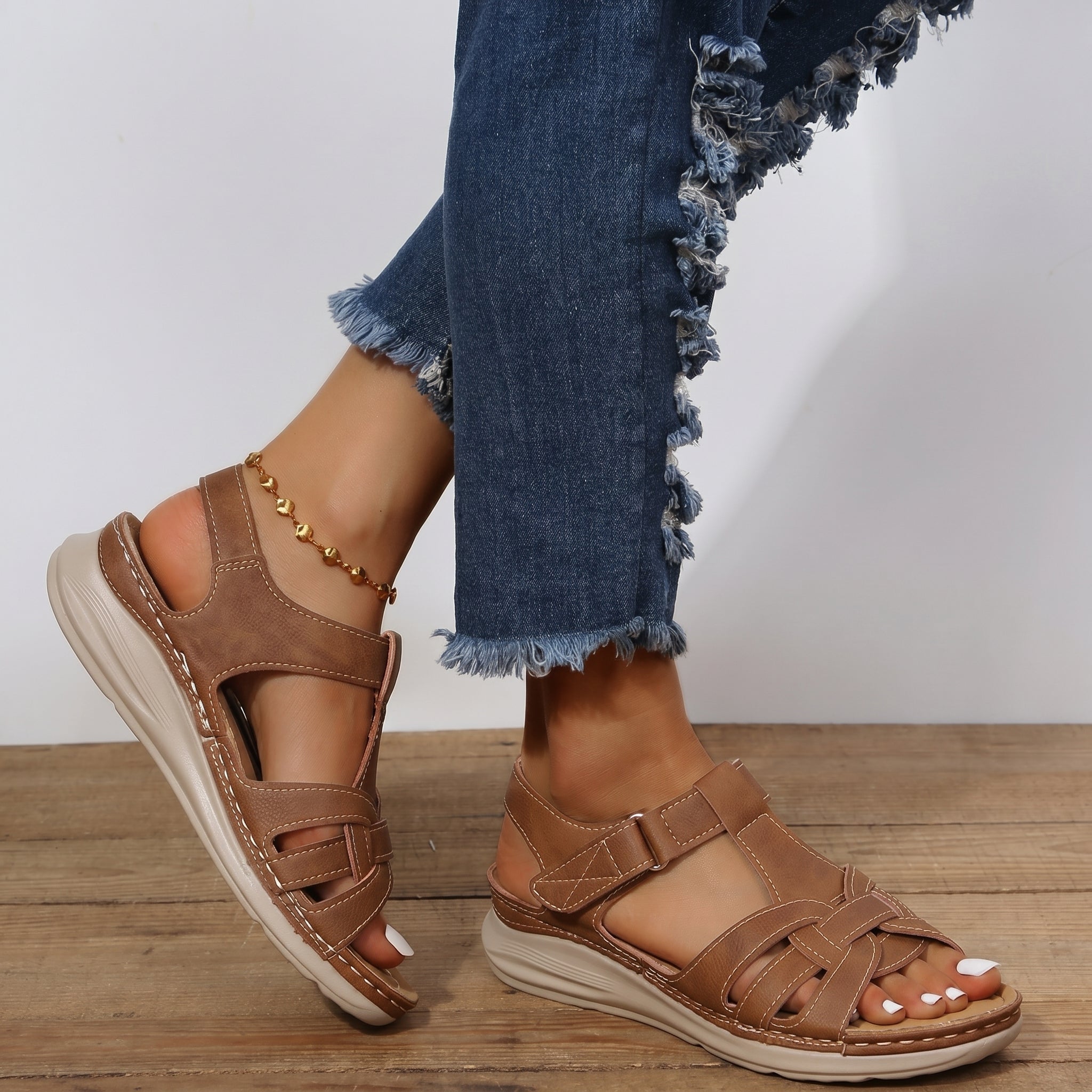 Helen - Women's Orthopedic Velcro Cut-Out Wedge Sandals