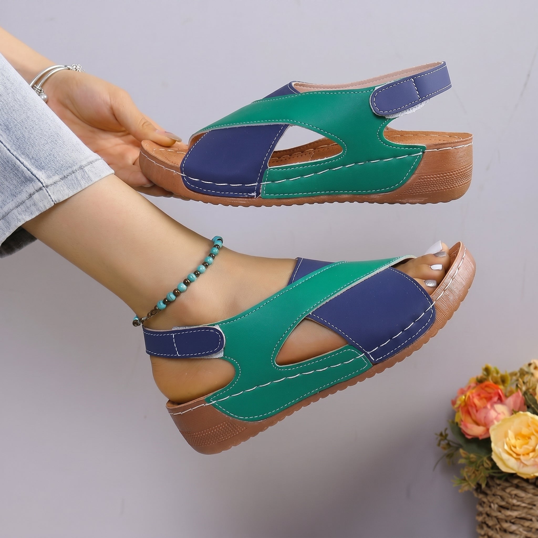 Alice - Women's Orthopedic Cut-Out Wedge Sandals with Velcro Strap