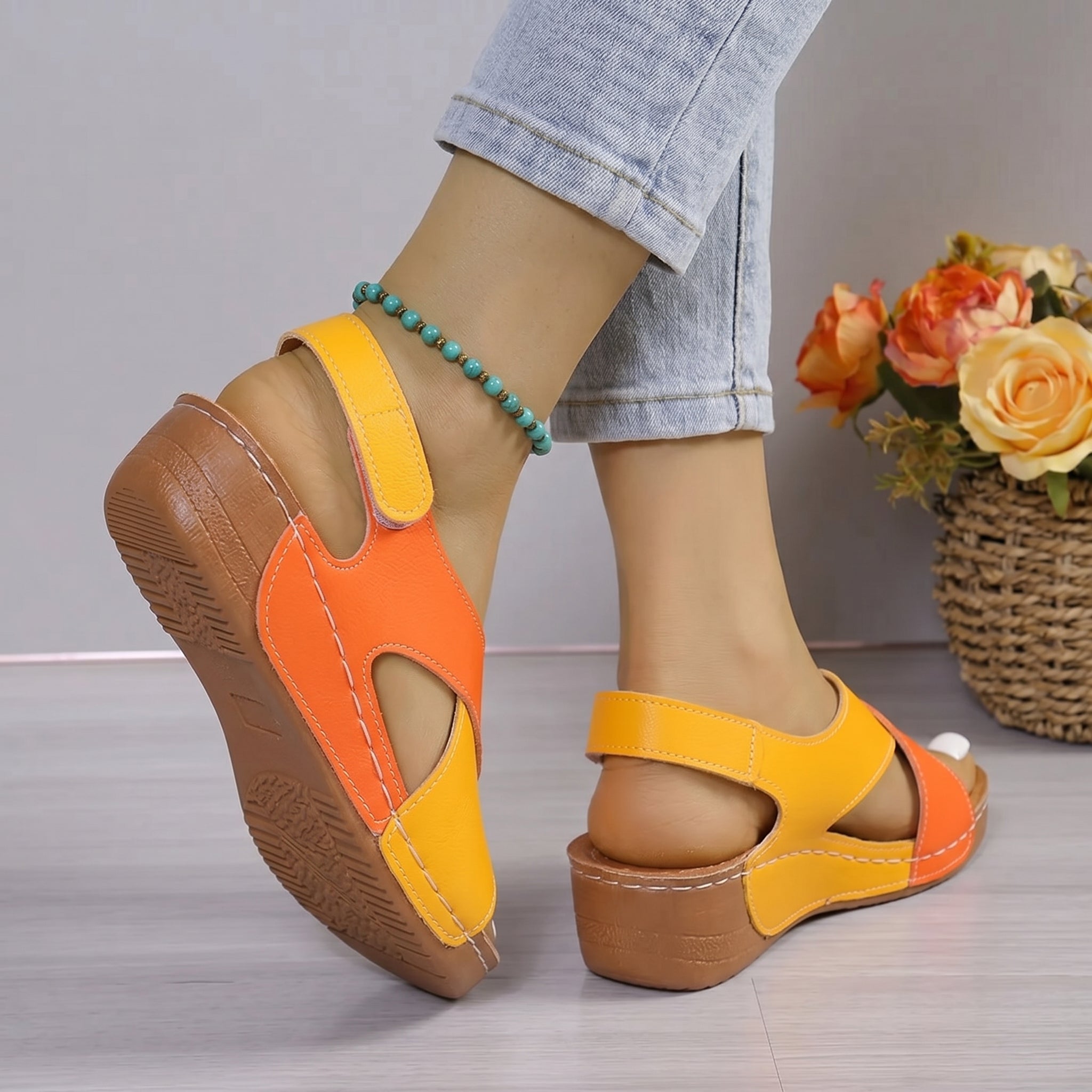 Alice - Women's Orthopedic Cut-Out Wedge Sandals with Velcro Strap