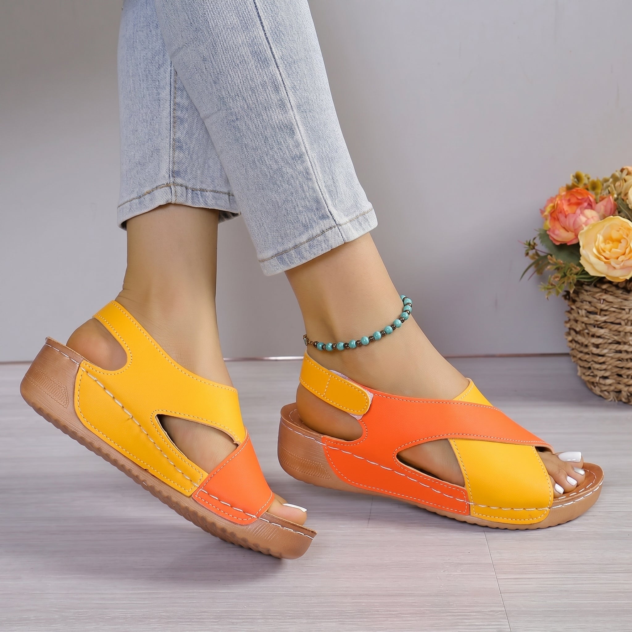 Alice - Women's Orthopedic Cut-Out Wedge Sandals with Velcro Strap