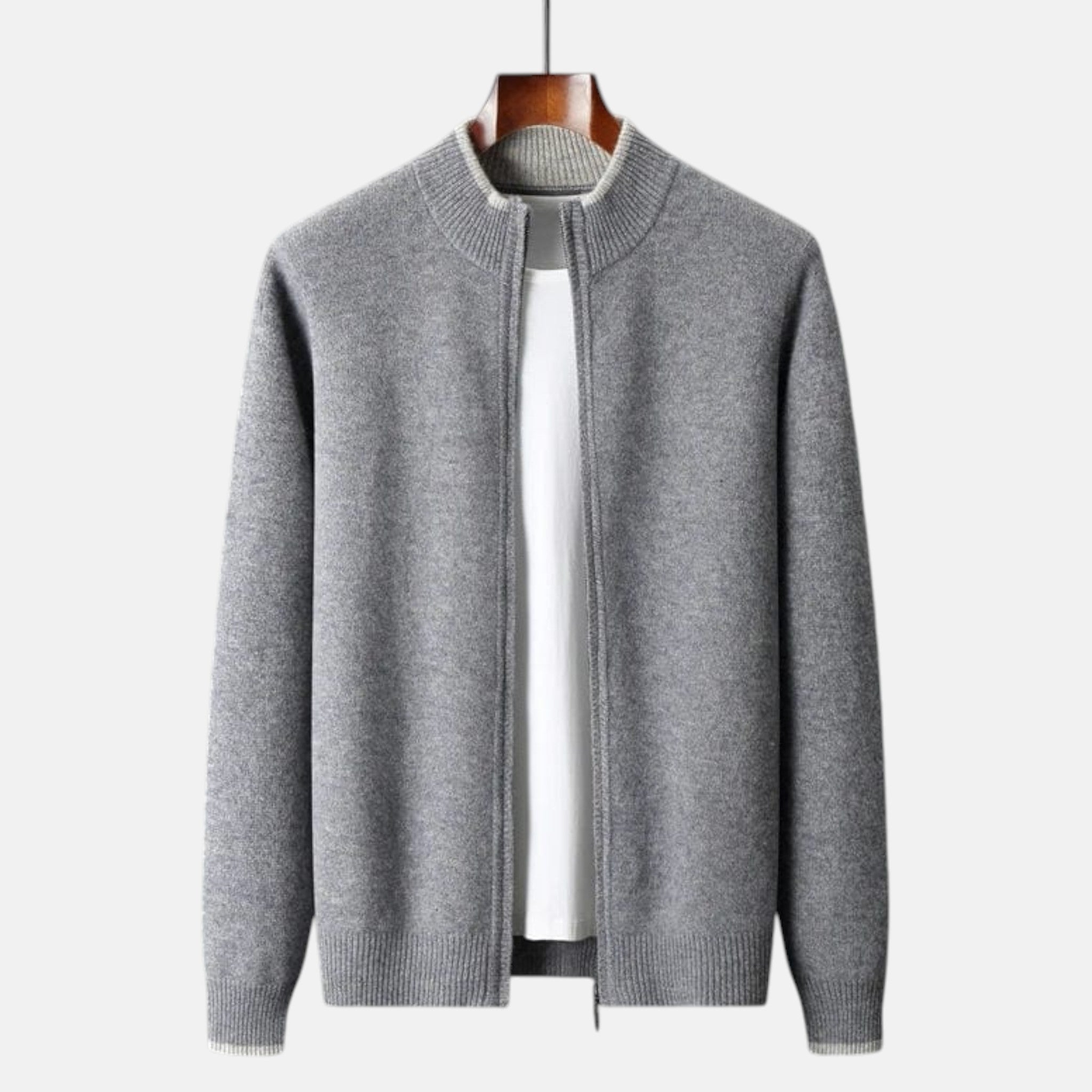 Men's Knitted Zip-Up Cardigan with Stand Collar and Ribbed Hems