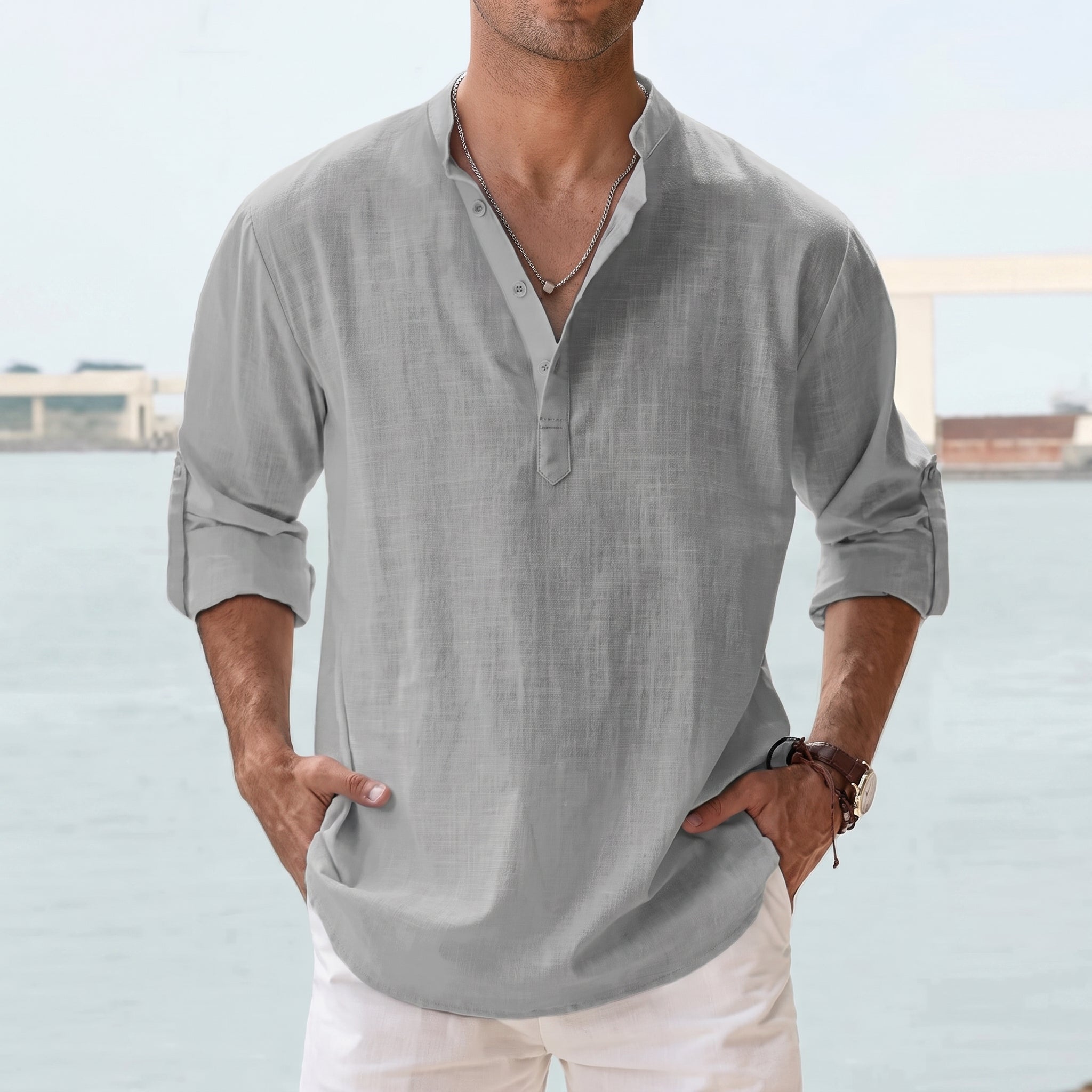 Arthur - Men's Relaxed Fit Grandad Collar Long Sleeve Shirt