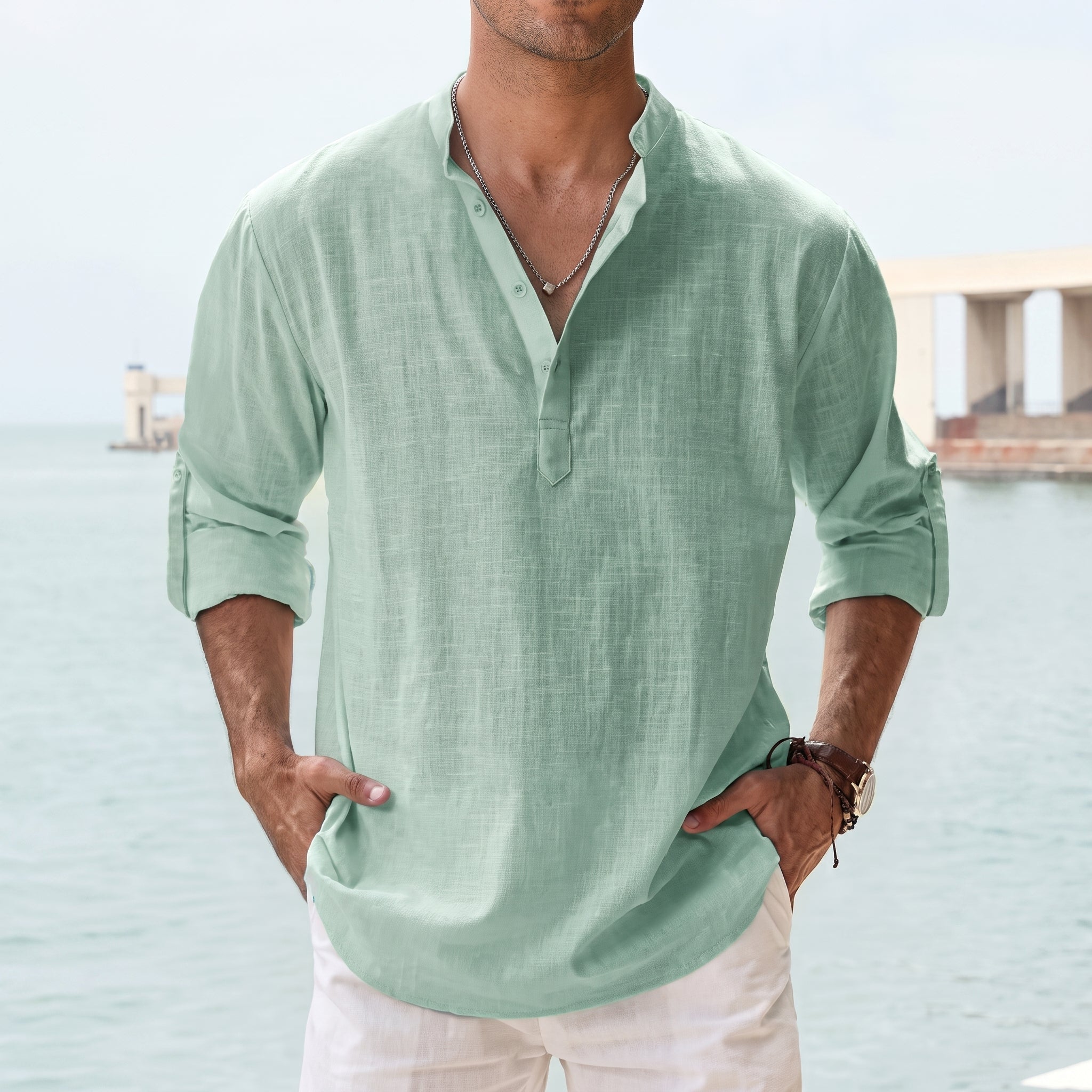 Arthur - Men's Relaxed Fit Grandad Collar Long Sleeve Shirt
