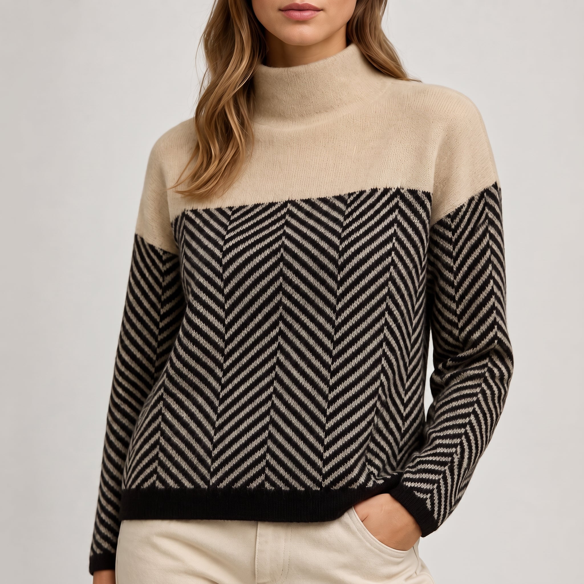 Grace - Women's Chevron Turtleneck Sweater with Color-Block Design