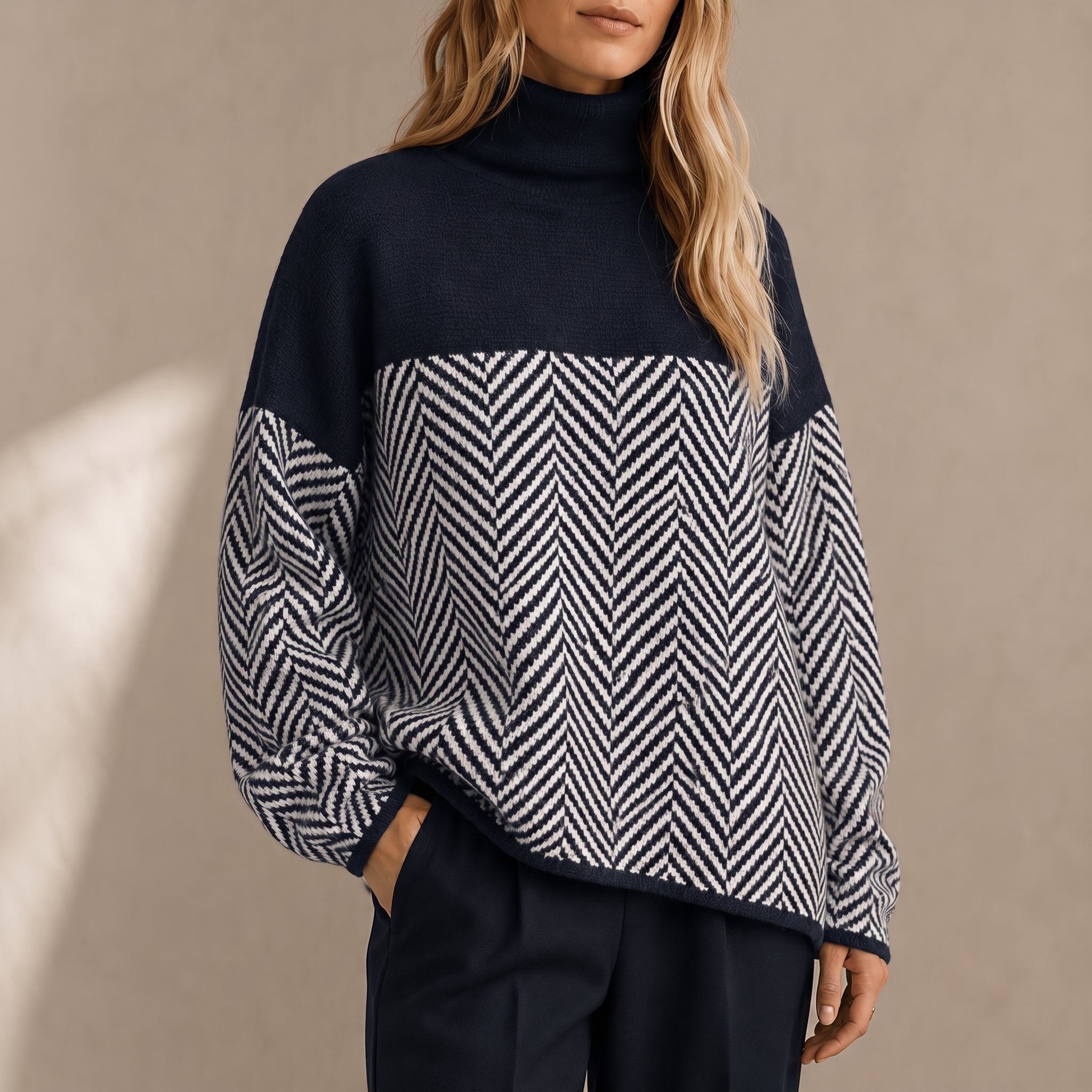 Grace - Women's Chevron Turtleneck Sweater with Color-Block Design