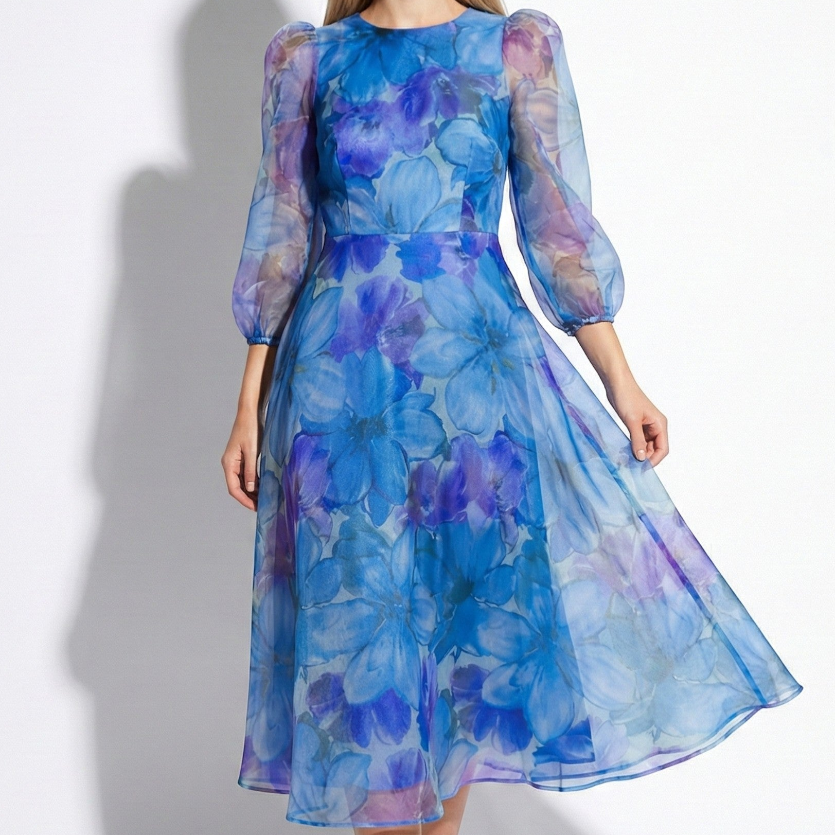 Aria - Women's Floral Print Midi Dress with Sheer Sleeves