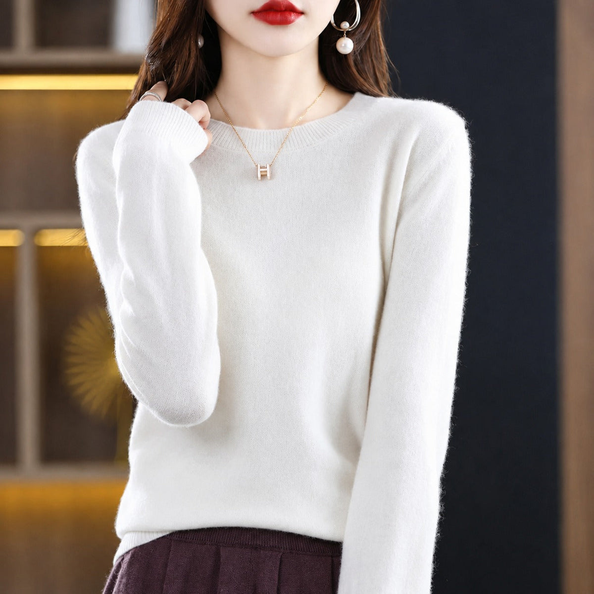 Erica - Women's Crew Neck Sweater with Ribbed Trim