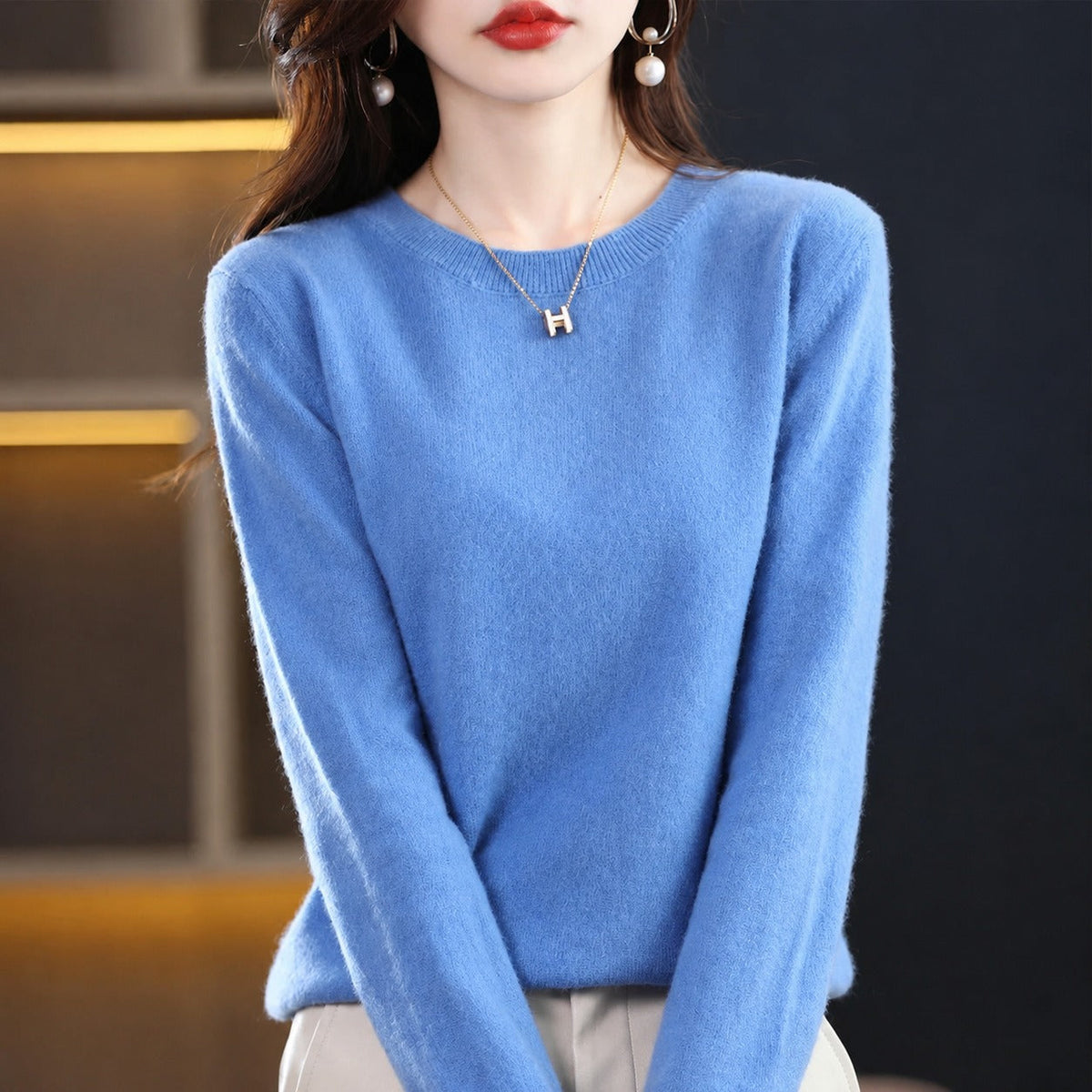 Erica - Women's Crew Neck Sweater with Ribbed Trim