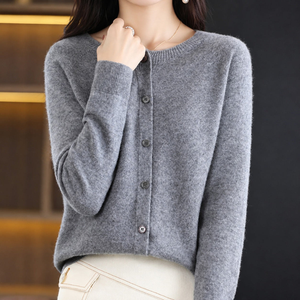 Sofia - Women's Relaxed Fit Long Sleeve Button-Front Crew Neck Cardigan