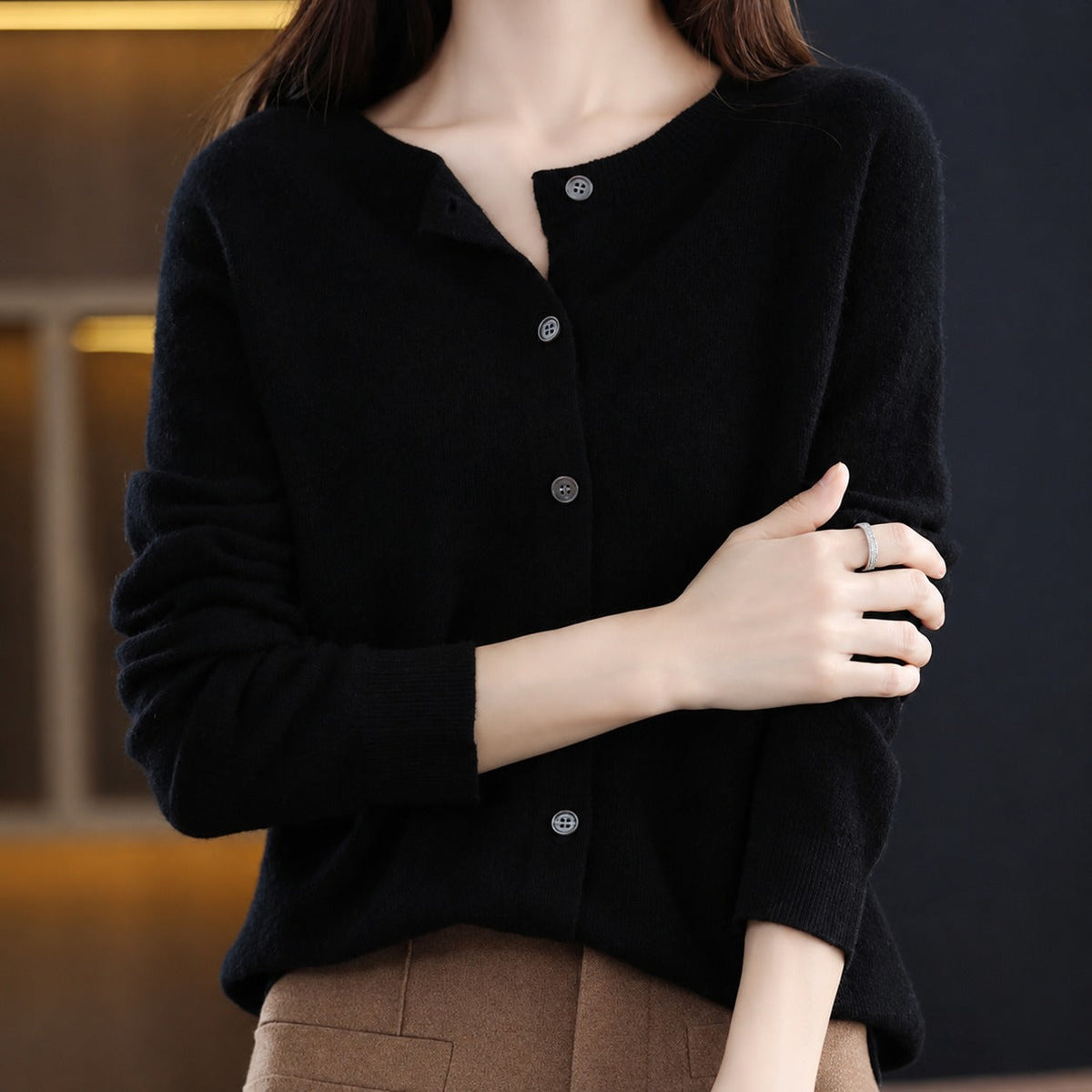 Sofia - Women's Relaxed Fit Long Sleeve Button-Front Crew Neck Cardigan