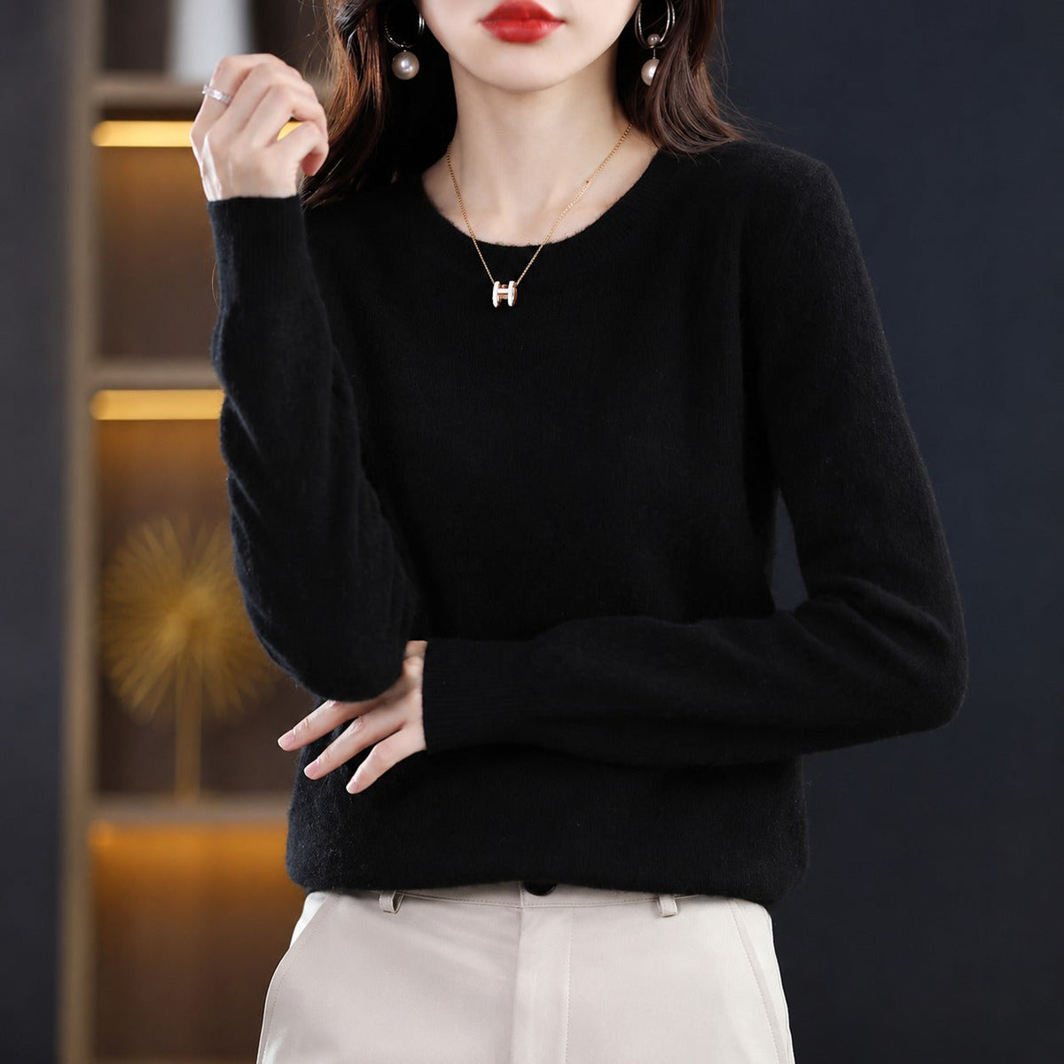 Erica - Women's Crew Neck Sweater with Ribbed Trim