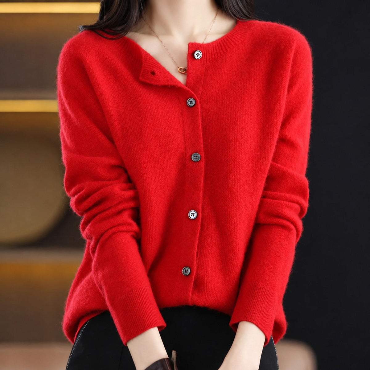 Sofia - Women's Relaxed Fit Long Sleeve Button-Front Crew Neck Cardigan