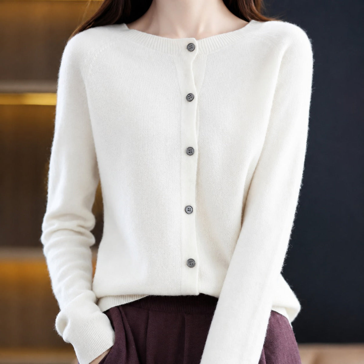 Sofia - Women's Relaxed Fit Long Sleeve Button-Front Crew Neck Cardigan