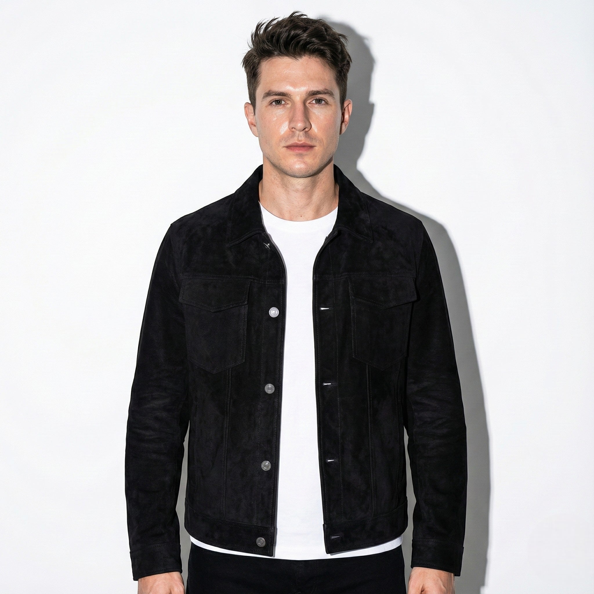 Men's Suede Trucker Jacket with Chest Flap Pockets