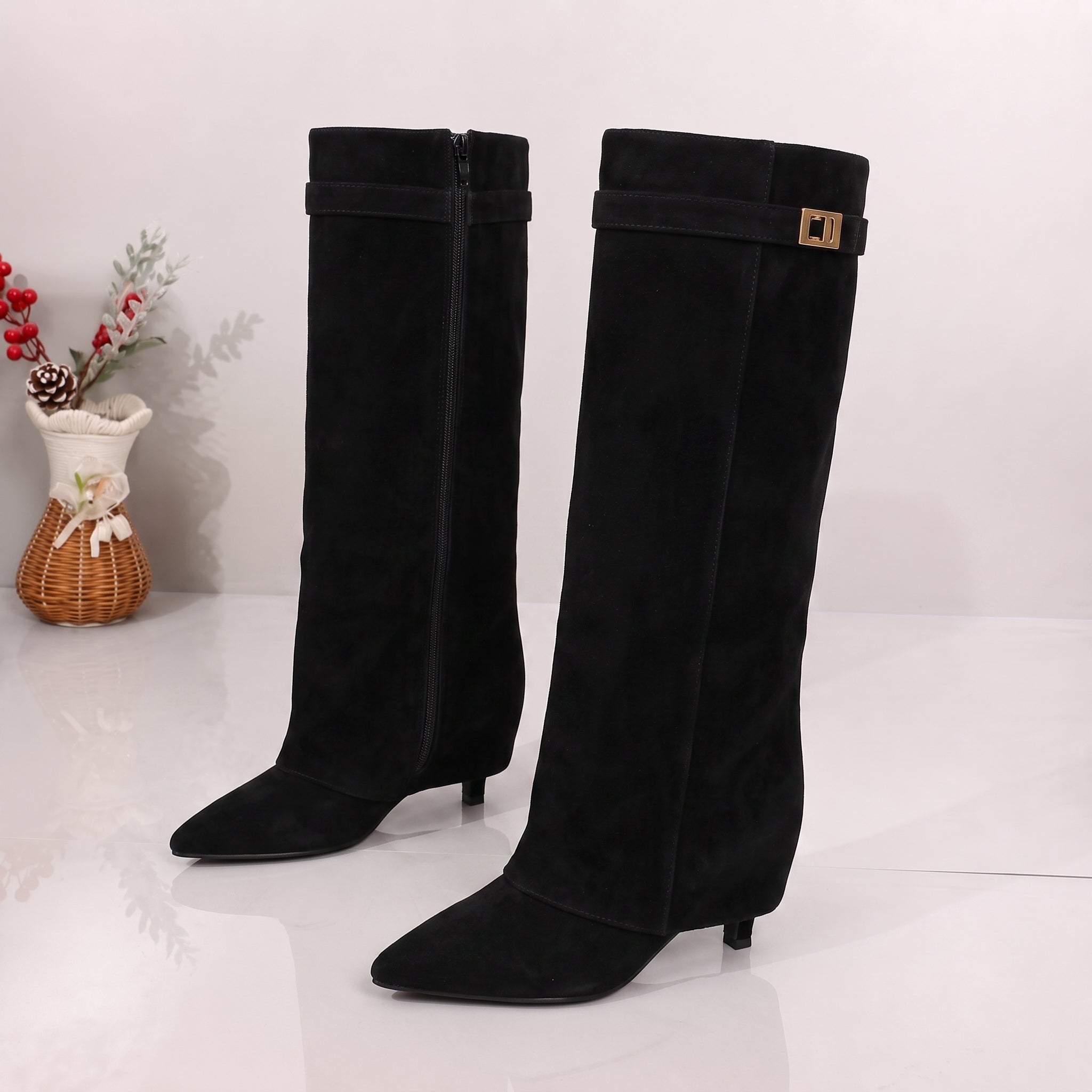 Alice - Women's Pointed Toe Fold Over Knee High Boots - Boots - Black - Parker&Brooks