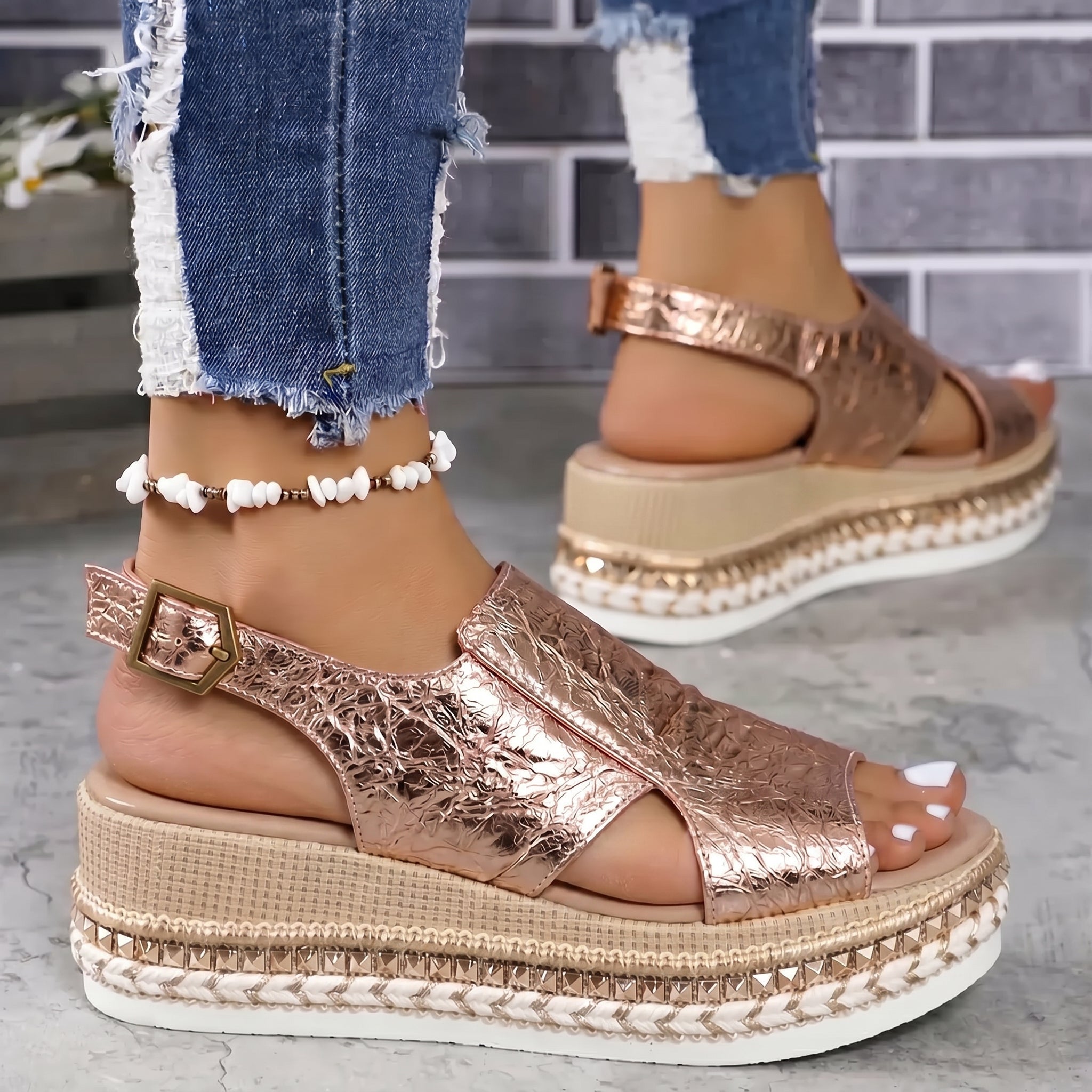 Alice - Women's Summer Open-Toe Wedge Sandals - Sandal - Rose gold - Parker&Brooks