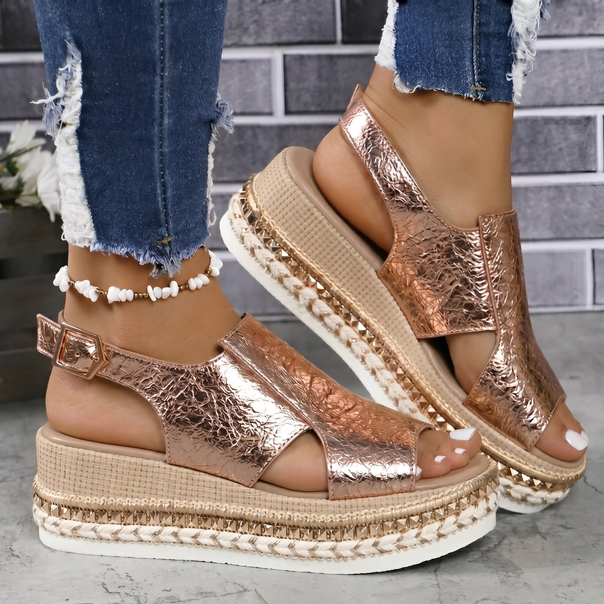 Alice - Women's Summer Open-Toe Wedge Sandals - Sandal - Rose gold - Parker&Brooks