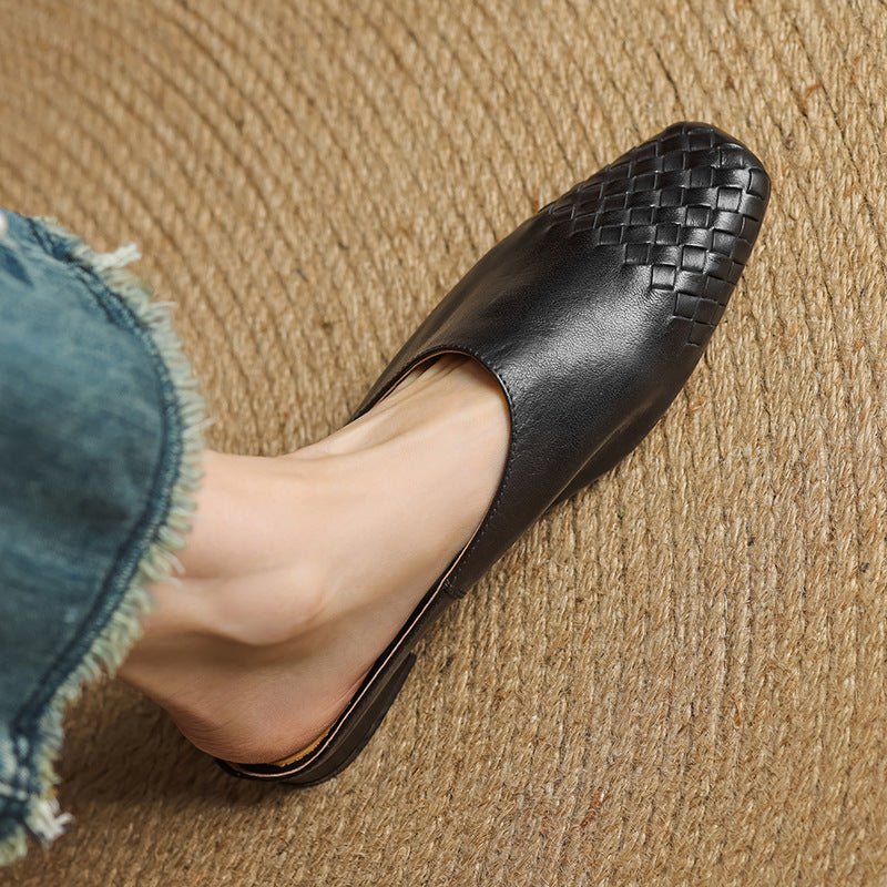 Alice - Women's Woven Slip-On Flat Square Toe Mules - Sandal - Black - Parker&Brooks