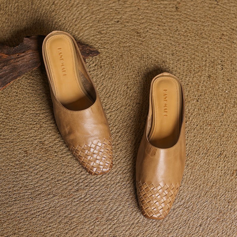 Alice - Women's Woven Slip-On Flat Square Toe Mules - Sandal - Khaki - Parker&Brooks