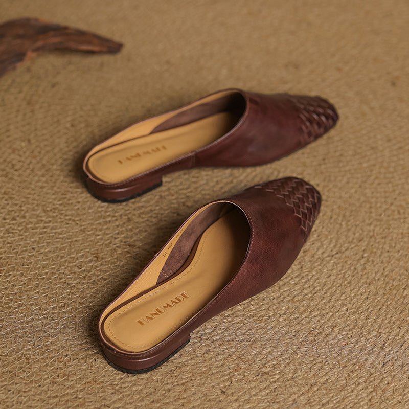 Alice - Women's Woven Slip-On Flat Square Toe Mules - Sandal - Brown - Parker&Brooks