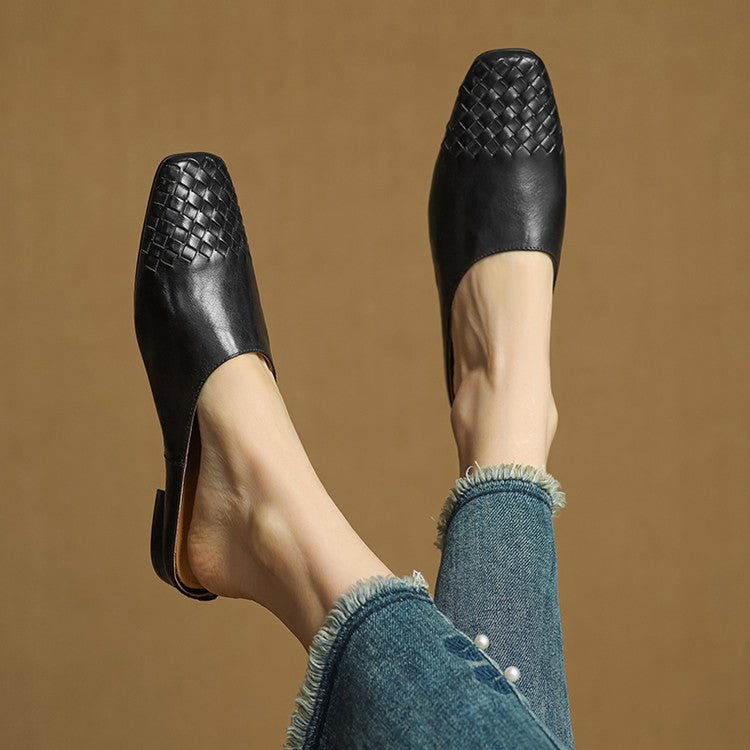 Alice - Women's Woven Slip-On Flat Square Toe Mules - Sandal - Black - Parker&Brooks