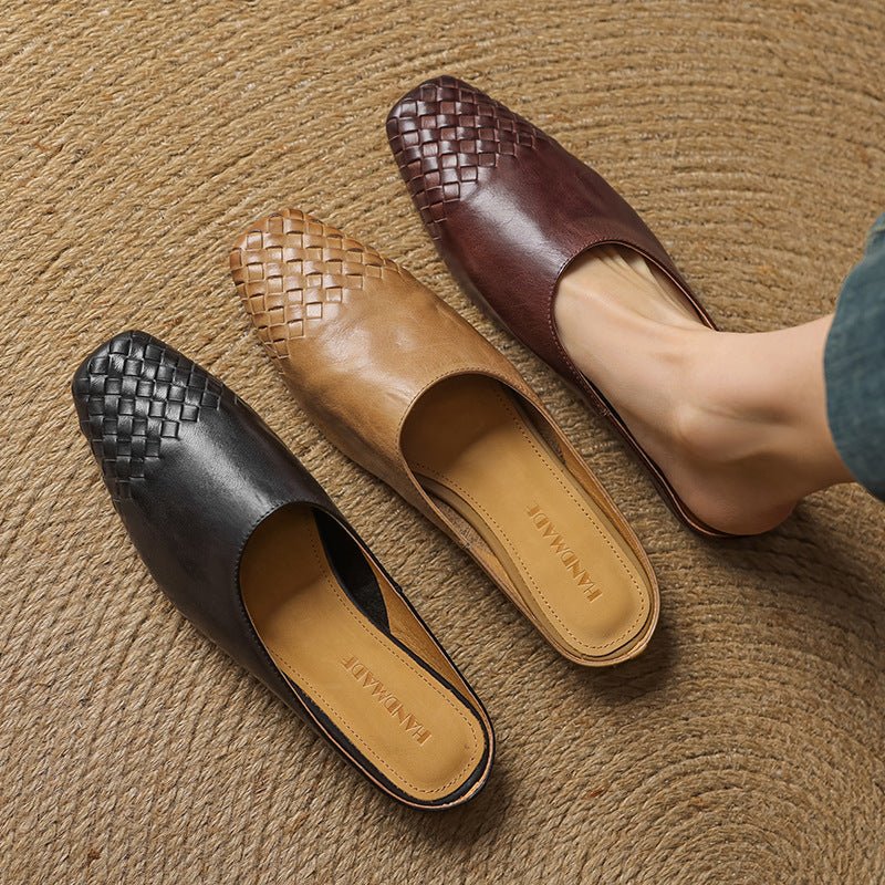 Alice - Women's Woven Slip-On Flat Square Toe Mules - Sandal - Black - Parker&Brooks