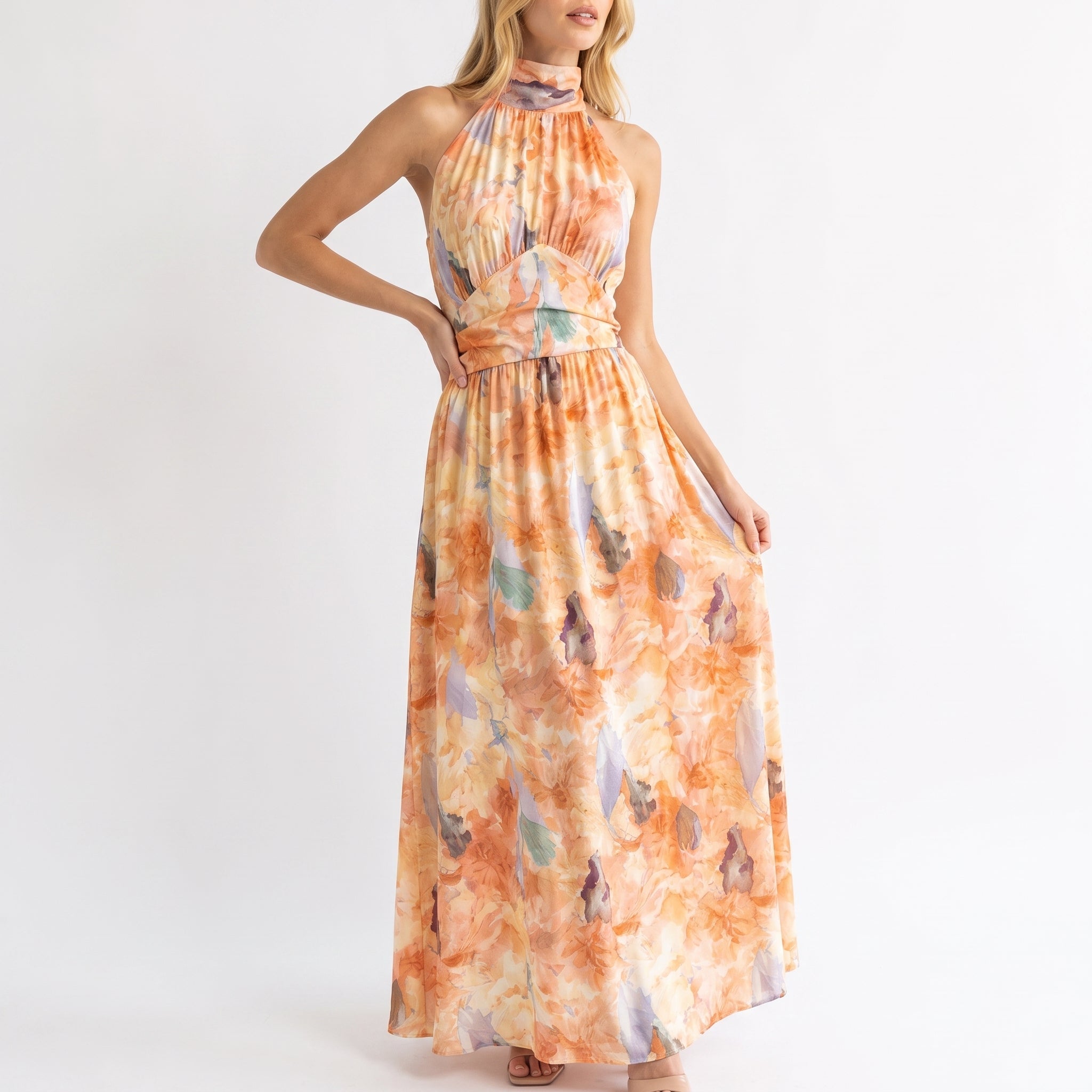Amber - Women's Summer Abstract Print Halter Neck Maxi Dress - Dresses - Peach - Parker&Brooks