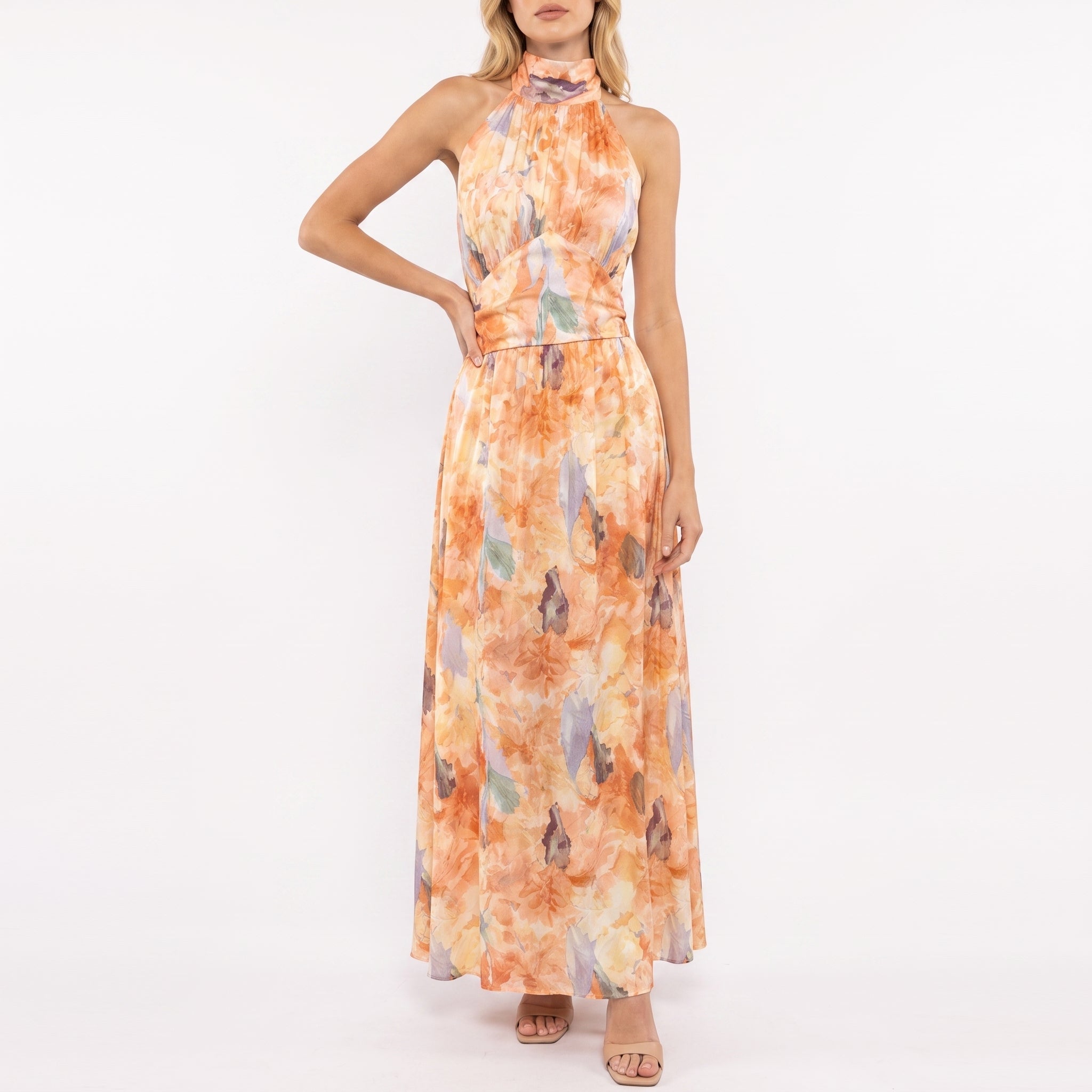 Amber - Women's Summer Abstract Print Halter Neck Maxi Dress - Dresses - Peach - Parker&Brooks