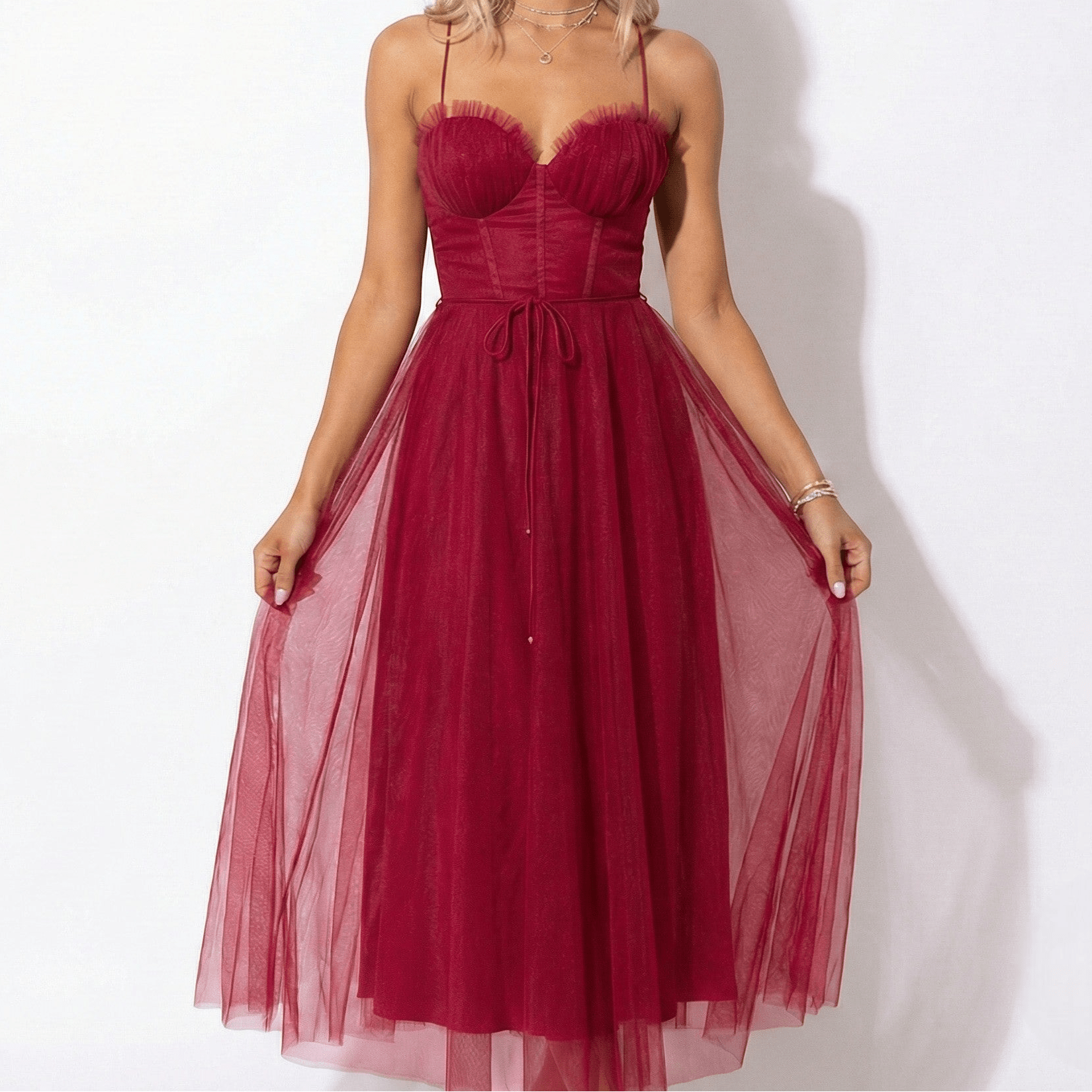 Amelia - Women's Tulle Party Midi Dress - Dresses - Wine Red - Parker&Brooks