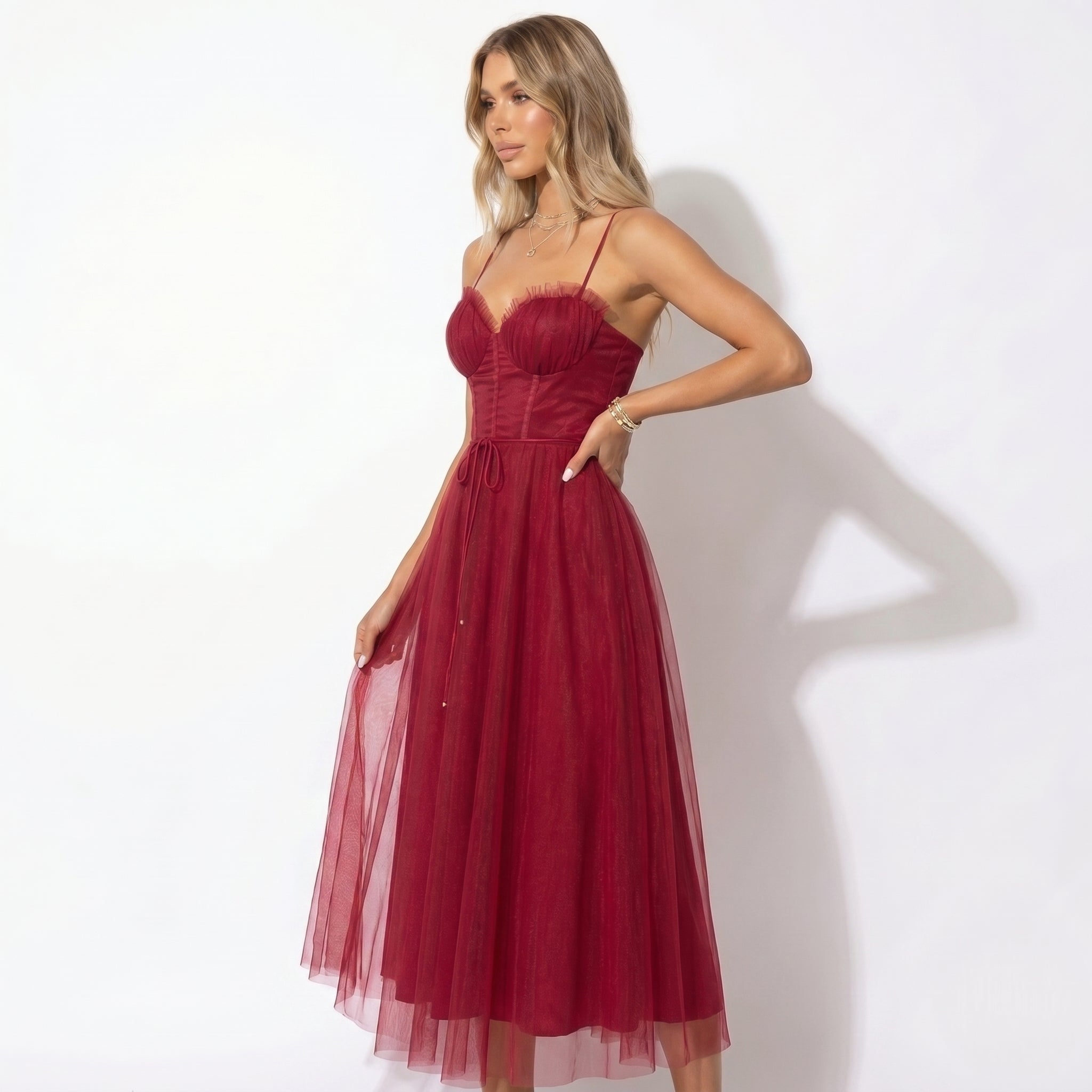 Amelia - Women's Tulle Party Midi Dress - Dresses - Wine Red - Parker&Brooks