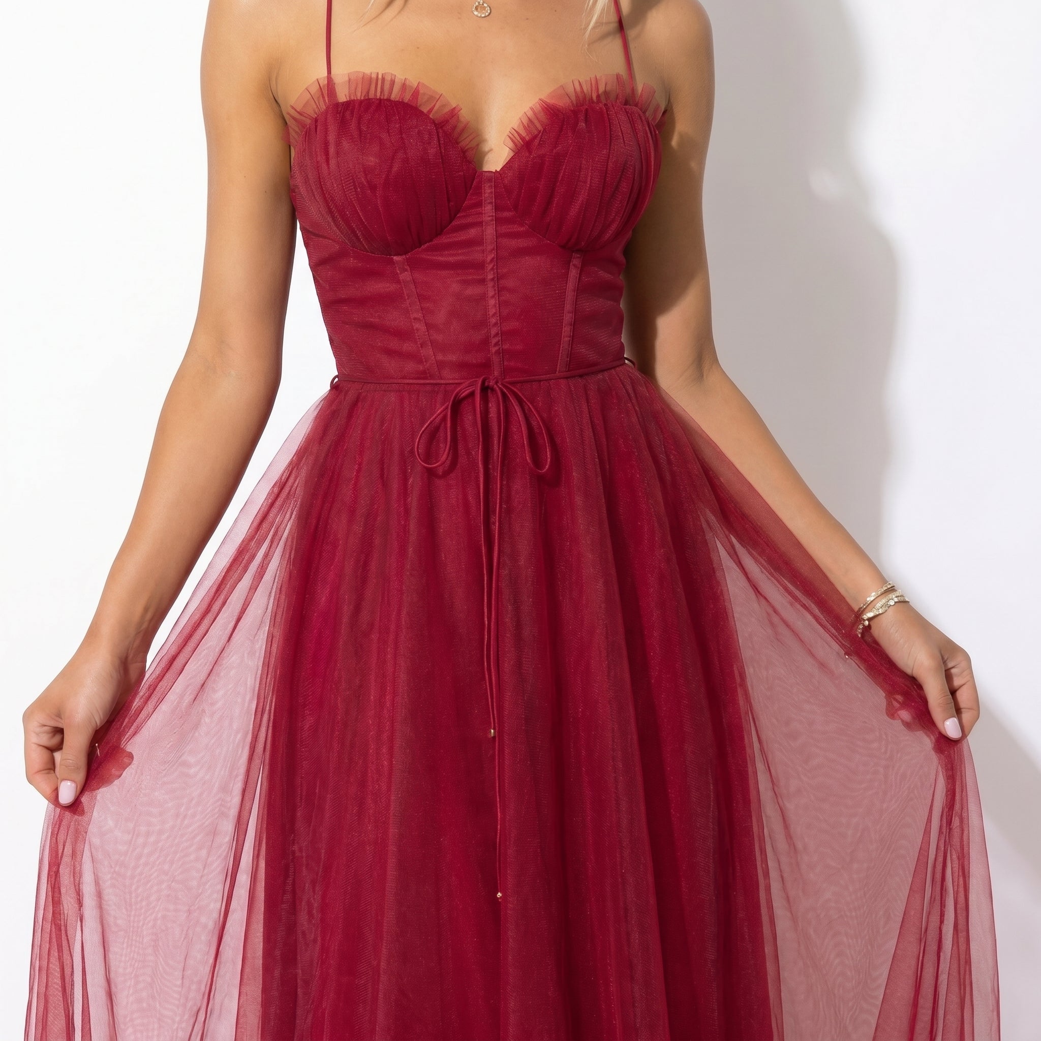 Amelia - Women's Tulle Party Midi Dress - Dresses - Wine Red - Parker&Brooks