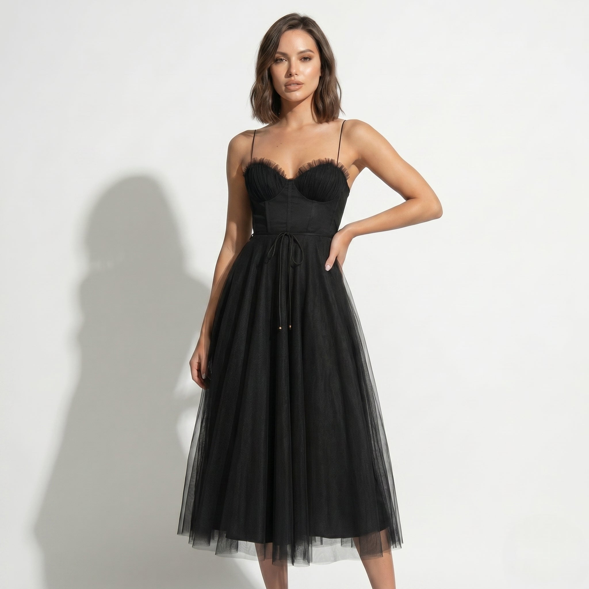 Amelia - Women's Tulle Party Midi Dress - Dresses - Black - Parker&Brooks