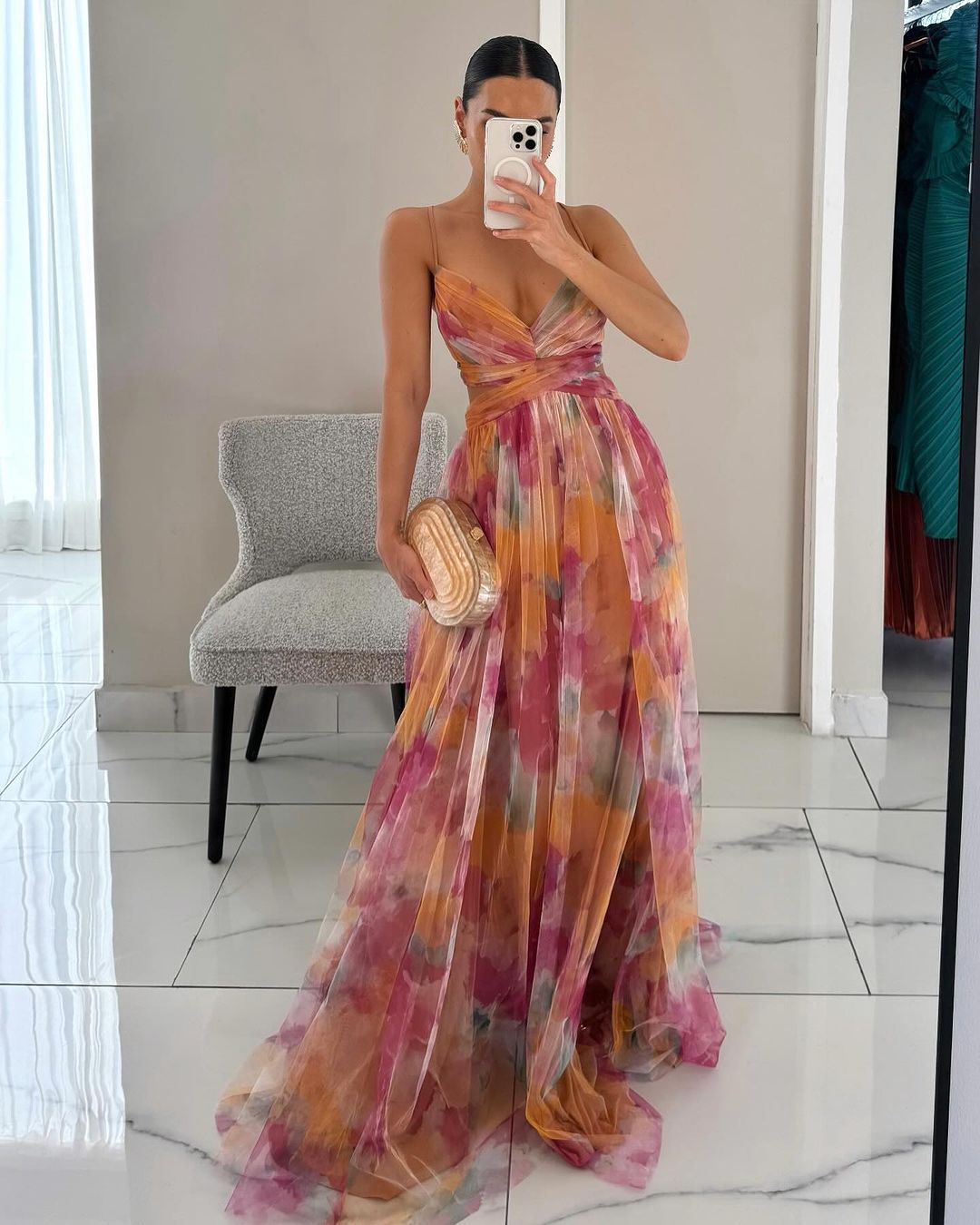 Amelia - Women’s V - Neck Maxi Dress with Flowing Fit - Dresses - Orange - Parker&Brooks