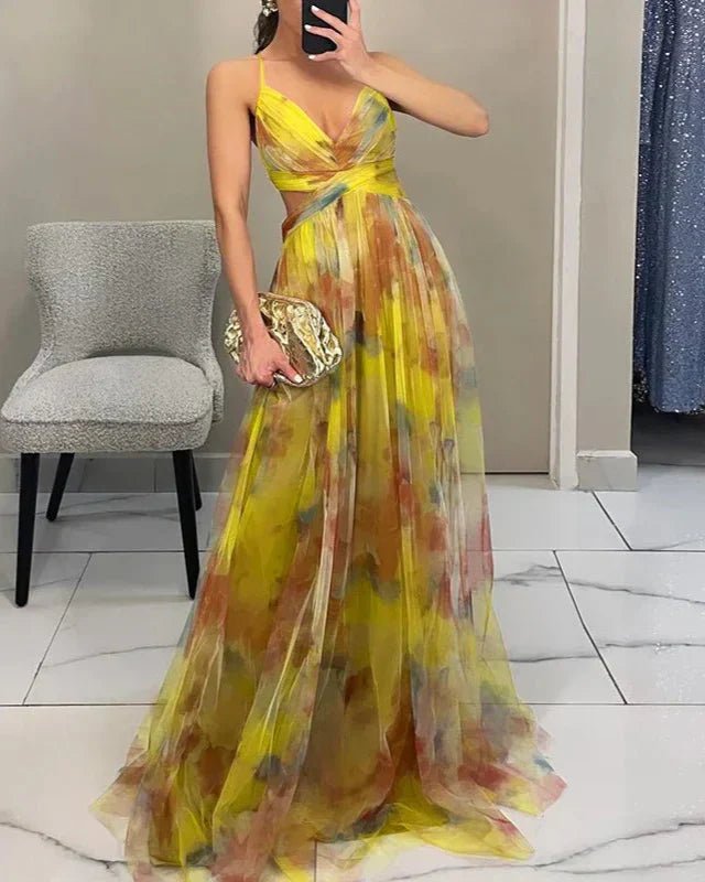 Amelia - Women’s V - Neck Maxi Dress with Flowing Fit - Dresses - Yellow - Parker&Brooks