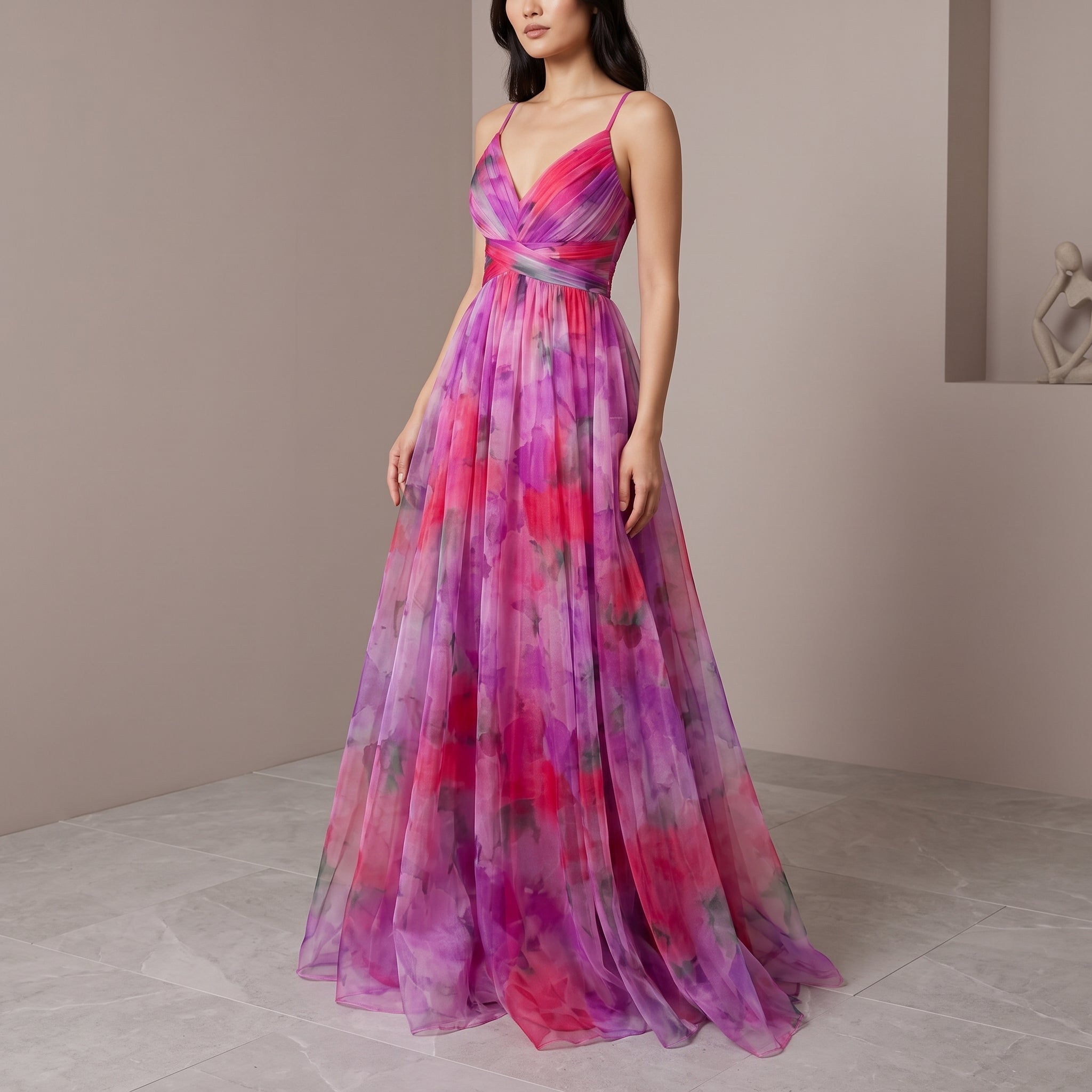 Amelia - Women’s V-Neck Maxi Dress with Flowing Fit - Dresses - Pink - Parker&Brooks