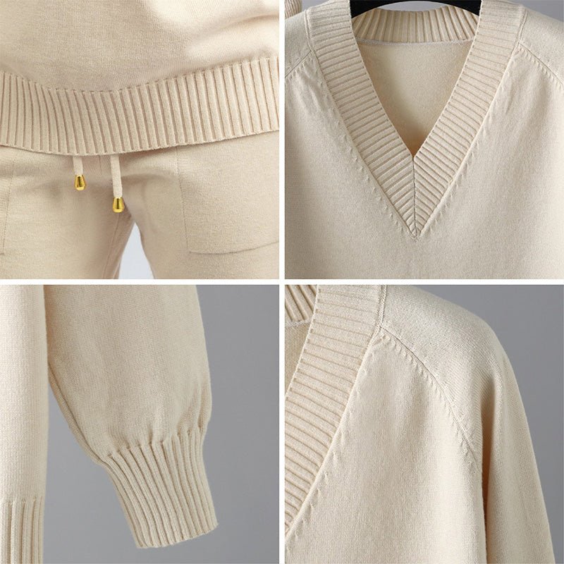 Women's Knit Loungewear Set with V-Neck Sweater and Drawstring Jogger Pants